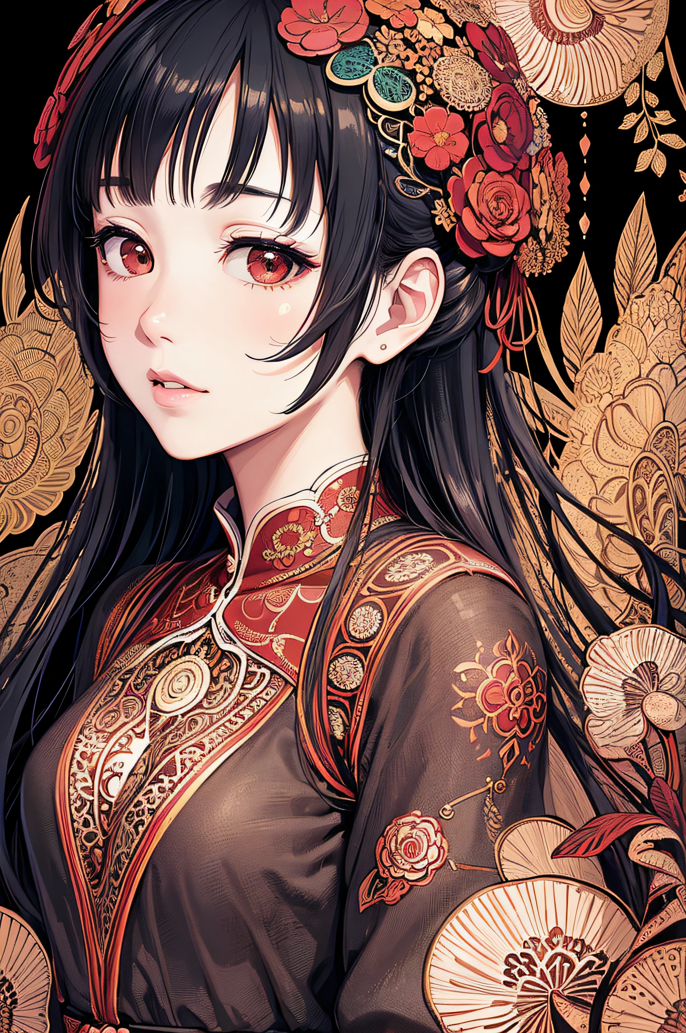 (masterpiece, top quality, best quality, official art, beautiful and aesthetic: 1.2), (1girl: 1.3), very detailed, (fractal art: 1.1), (color: 1.1) (flowers: 1.3), (by Yuko Higuchi:1.4), Higuchi Yuko,(by Yoh:1.2),(lineart),line drawing,pen drawing,zentangle,(tattoo pattern:1.2),(Intricate lines),(masterpiece),(best quality:1.1), (ultra-detailed),best illustration,finely detail,hand drawn high quality,High contrast,(clean lines:1.3),ligne claire,(Portrait),(extremely close-up:1.1),1 girl,solo,A girl is surrounded by red mushrooms,(Intricate details:1.3),(detailed background:1.2),(colored background:1.1),sketch,Intricate details,High Resolution