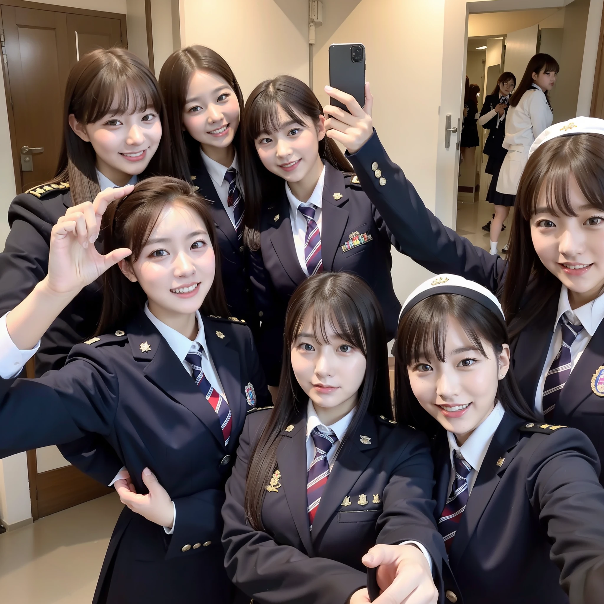 A group of good friends of schoolgirls in uniform are trying to take a selfie looking at the camera.