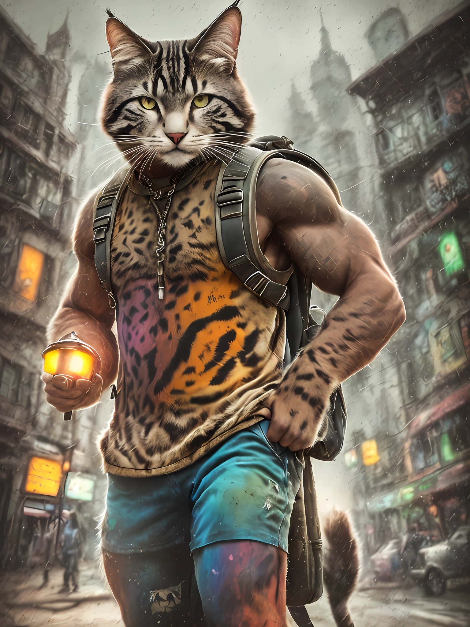 strong man with the face being of an animal ((cat)) and muscular, angry street, backpack, realistic epic, photo, faded, complex things around, intricate background, soaked, neutral colors, (((((hdr)))), ((((soft colors)))), intricate scene, artistic station, intricate details, vignette
