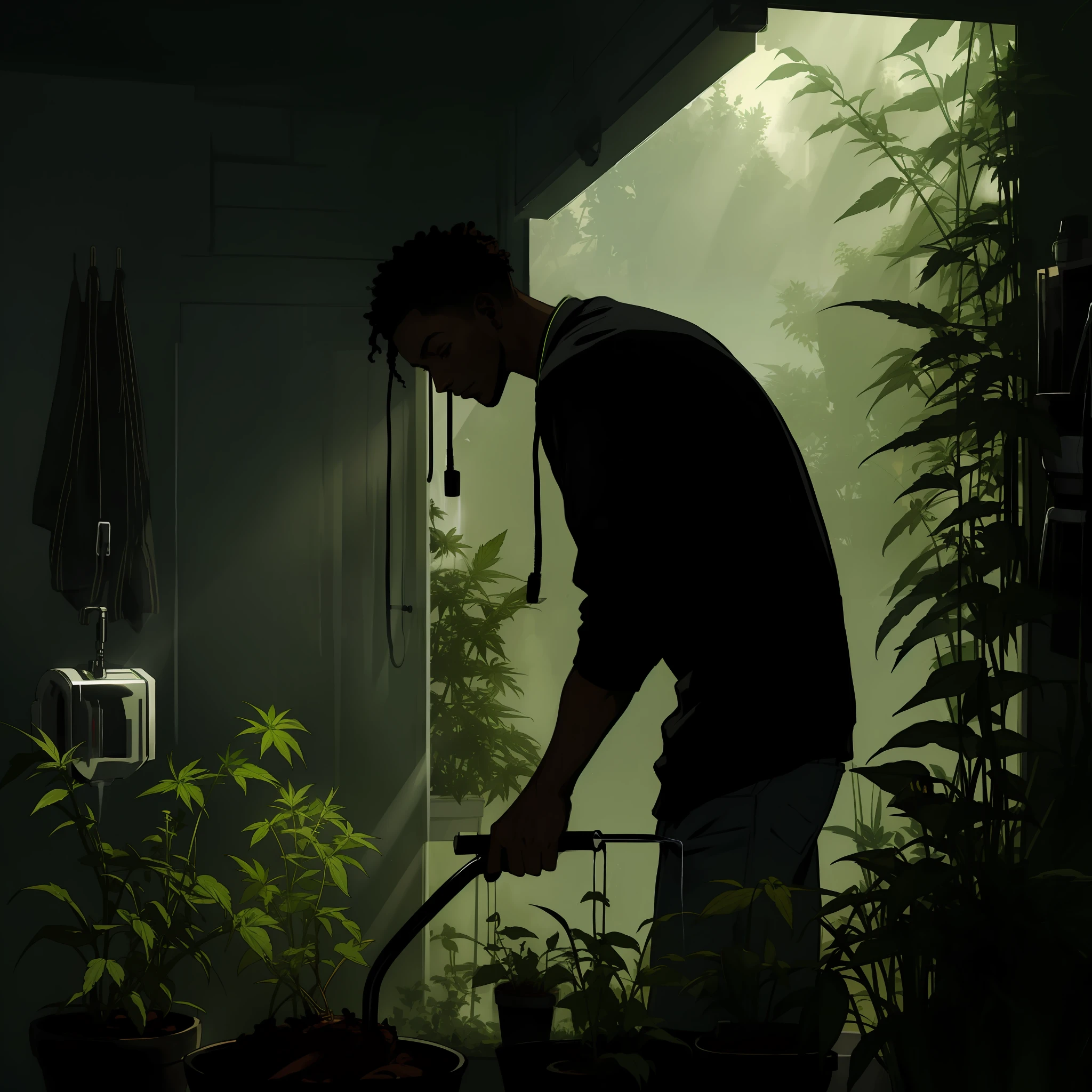 professional photograph taken on Canon EOS R6, moody lighting, 80mm, a black boy watering a marijuana plant, in a marijuana garden, amazing photo, beautiful colors