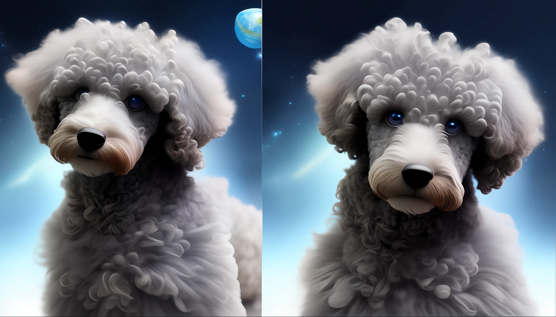 Photorealistic picture of a grey poodle dog with spaceswite