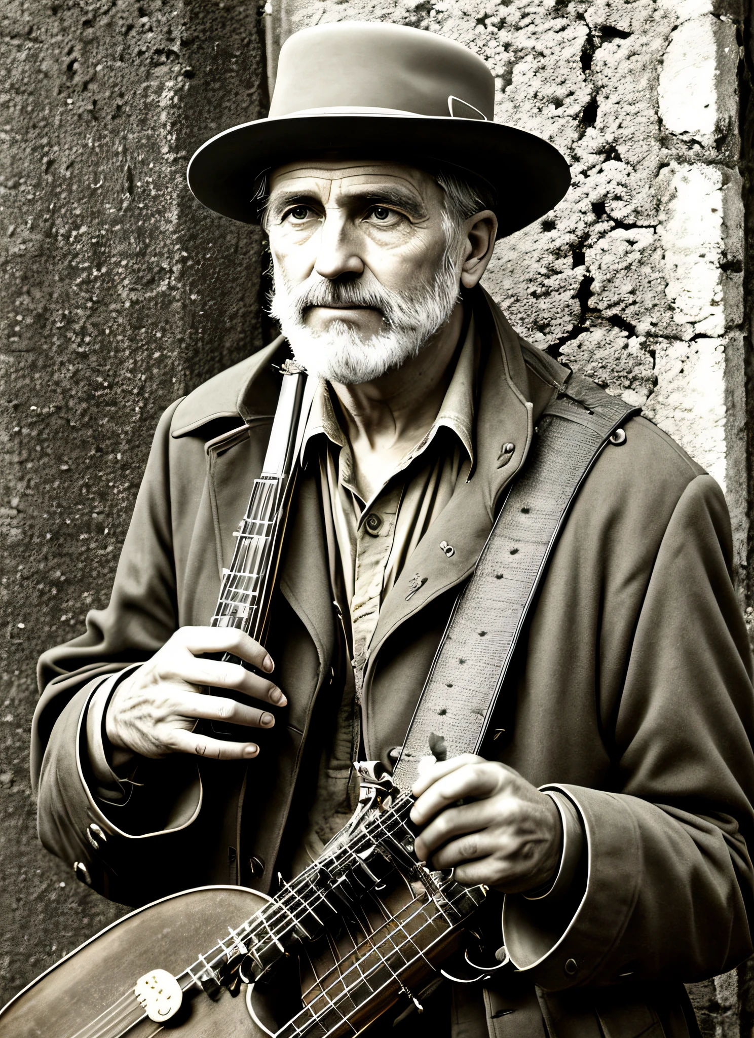 Prompt: A street musician affected by World War I.
Composition Description:
This black and white photograph portrays a street musician who has been impacted by World War I. In the background, there are crumbling buildings and a devastated street scene, while the musician is seen in a playing position on the right side.
The focal point of the composition is the musician. With a middle-aged, weathered face and a slight beard, the musician reflects the effects of the war. An old hat casts deep shadows over his head, and his hands display a semblance of weariness as they immerse themselves in the music.
Light falls onto the musician's face from the left side, casting shadows that partially obscure parts of his face. This adds a sense of drama to the photograph while preserving the secrets of the musician's inner world.
Other elements in the photograph are utilized to convey the destructive impact of the war. The dilapidated buildings, ravaged streets, and crumbling walls symbolize the scars of war and the tragedy of humanity. These elements evoke the musician's contemplation of pain and memories while playing.
Perspective is employed to create depth in the composition. The photograph invites the viewer to delve into the musician's world, capturing both the physical and emotional aftermath of World War I.
Overall, the photograph captures a poignant moment, showcasing the resilience and lingering effects of war on the life of a street musician.