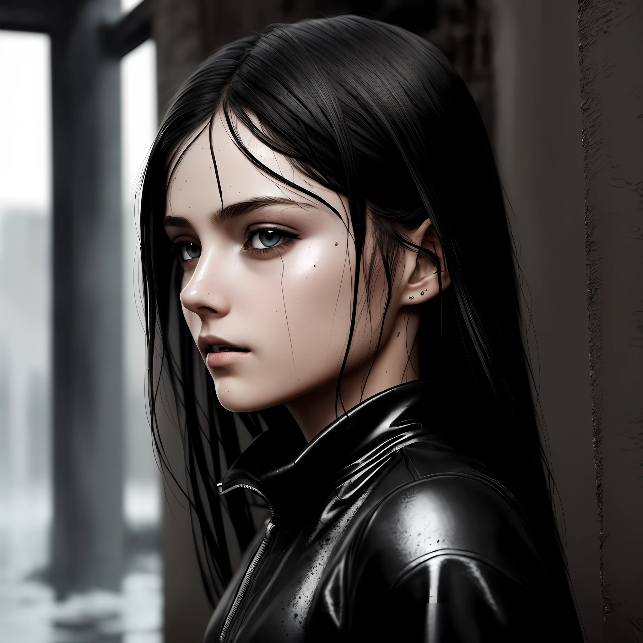 (Girl's eyes: 1.4), dark emo girl, red eyes, wet tight transparent clothes, dark and dark basement, everything is dirty and wet, pipes, dust, puddles, mud, near angle, photorealistic face, detailed face, detail background is a little blurry, mysterious view, reflection from where it is wet, not much light falls on the model, correct shadow, HDR, Photorealistic, photos of dark shades, photos in Gosnik style