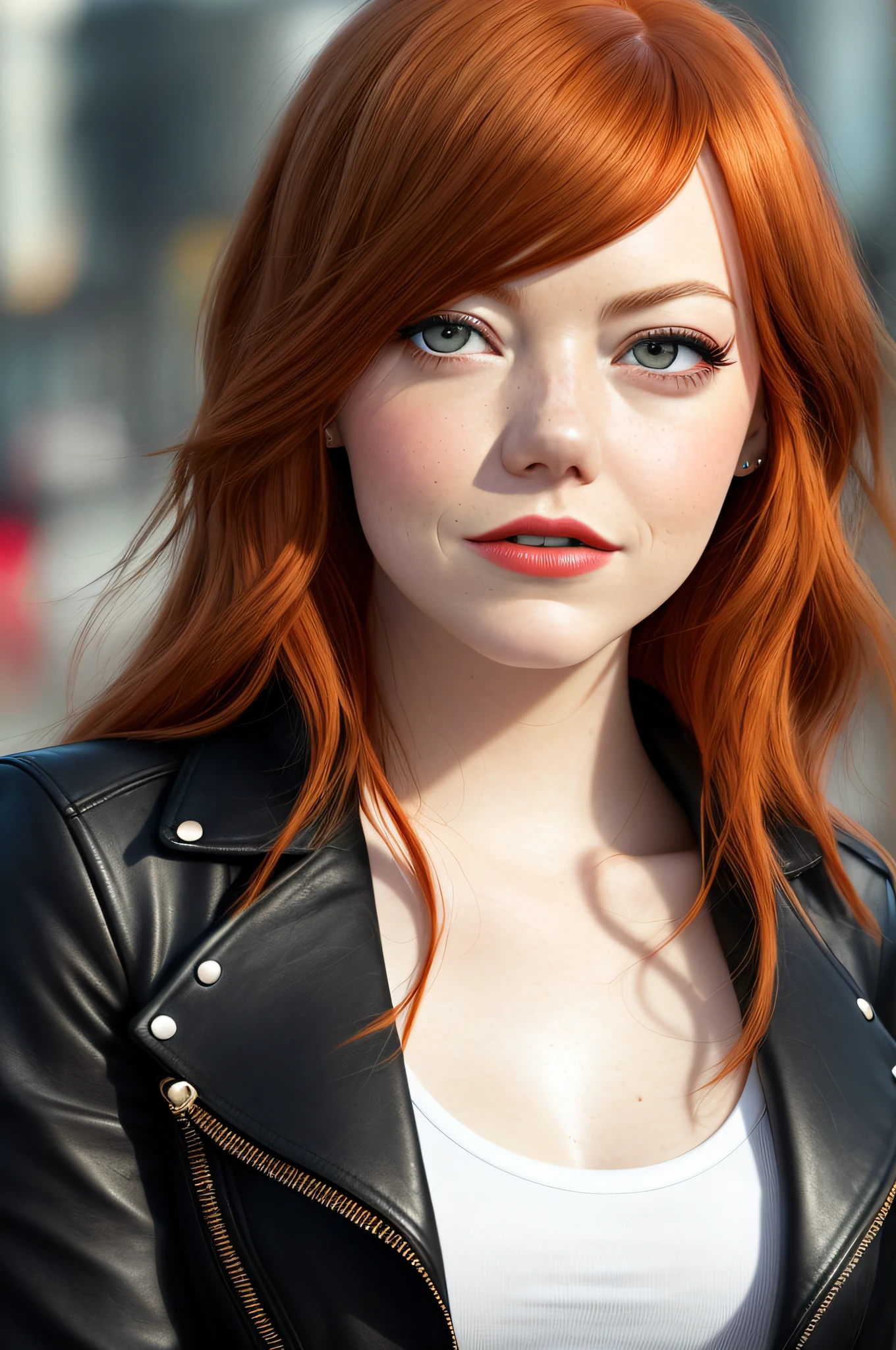Emma Stone realistic leather texture, looks up, black leather jacket and jeans, 8 5 mm art lens, f 1. 2, sharp focus, 8K high definition, insanely detailed, intricate, elegant, art by Stanley Lau and Artgerm, 1970s, bar setting, leaning against the table, extremely detailed hazelnut eyes, long golden red hair with side bangs, red lips, black outlined, black mascara, chubby, curvilinea, plump