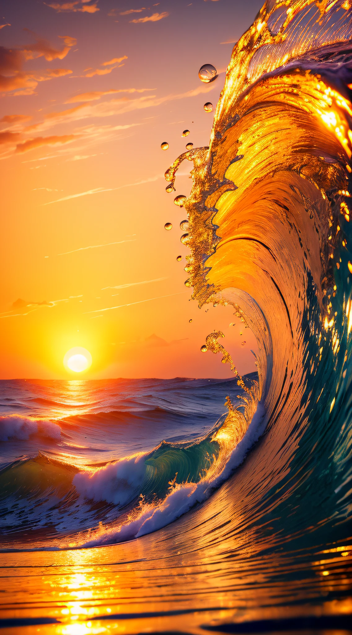 Masterpiece, best quality, (8k very detailed CG unit wallpaper) (best quality), (best illustration), (best shadows) a golden sea wave, bright orange aol sunset through the wave, golden droplets flying, (:4.6)