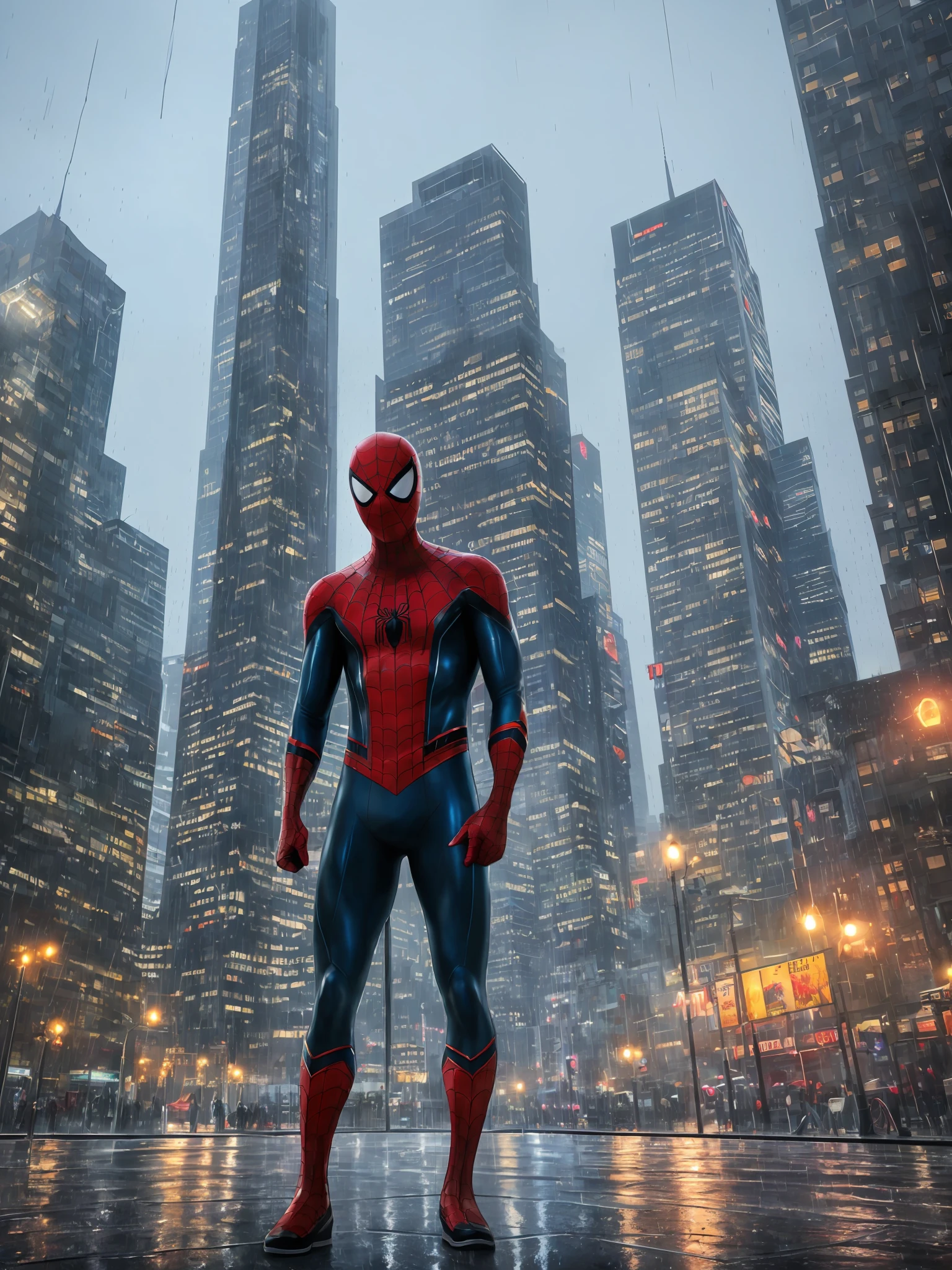 (8k, RAW photo, best quality, mastery: 1.2), (realistic, photorealistic: 1.37), Spiderman, cityscape, night, rain, wet, professional lighting, photon mapping, radiosity, full body photo