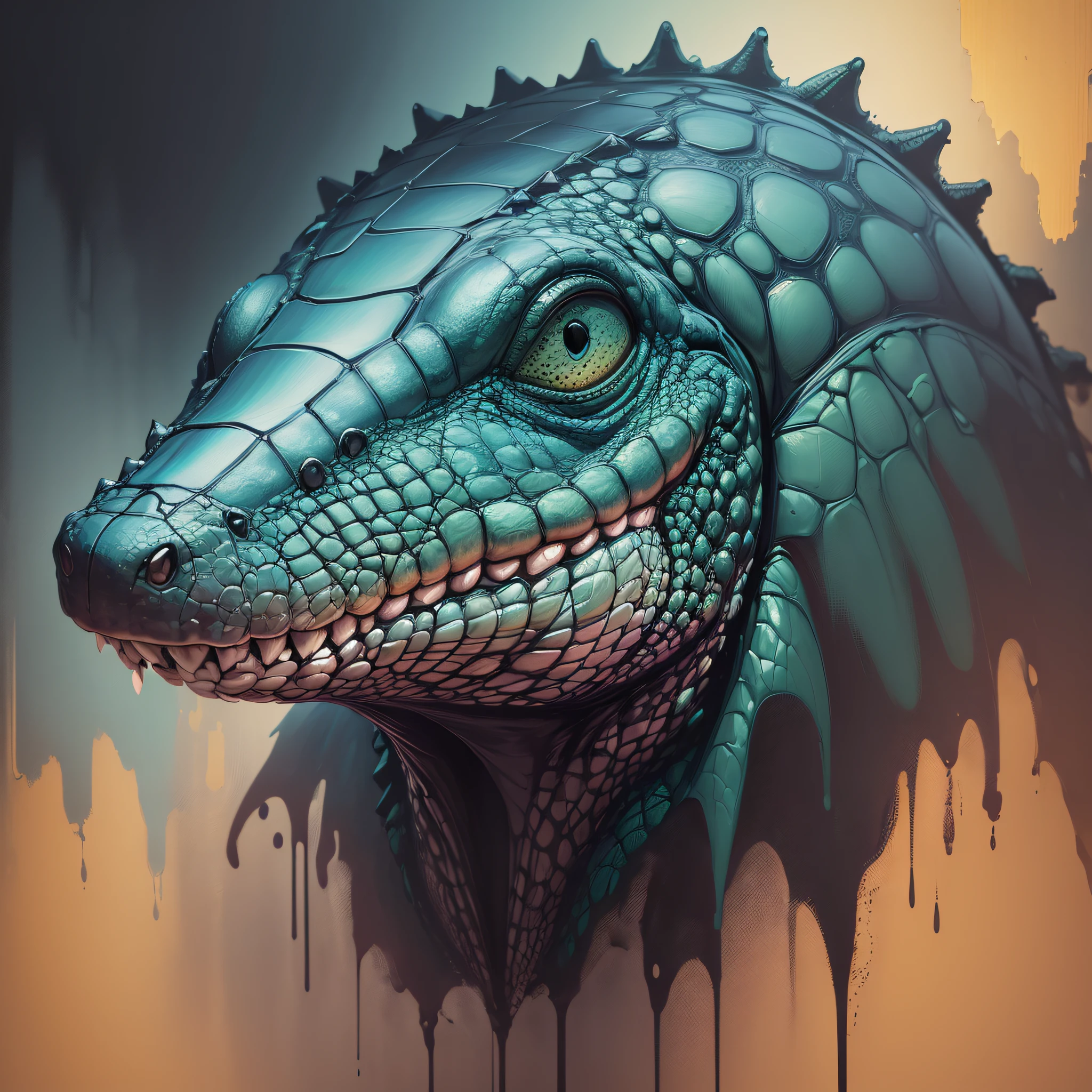 (samdoesarts:1.3), nvinkpunk, articules, techno-organic mutation (alligator), portrait, backlighting, abstract, painting, painted by famous artist, ethereal, liquid, abstract, masterpiece, highly detailed, best quality, highest quality, realistic lighting, hyperdetailed, hyperrealism, colors, colorful --auto --s2