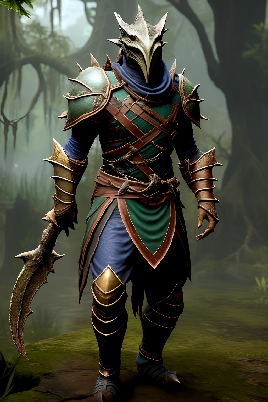 The Argonian Hist Warrior is a powerful and fearless warrior, deeply connected to the giant spore trees known as Hist, which grow in the deep swamps of Black Swamp. Argonians are known to have deep connections to Hist, calling themselves "root people" and licking the sap from their trunks in religious rites. This warrior fights with skill and cunning, guided by the ancestral wisdom of the Hist trees and the love of his homeland.