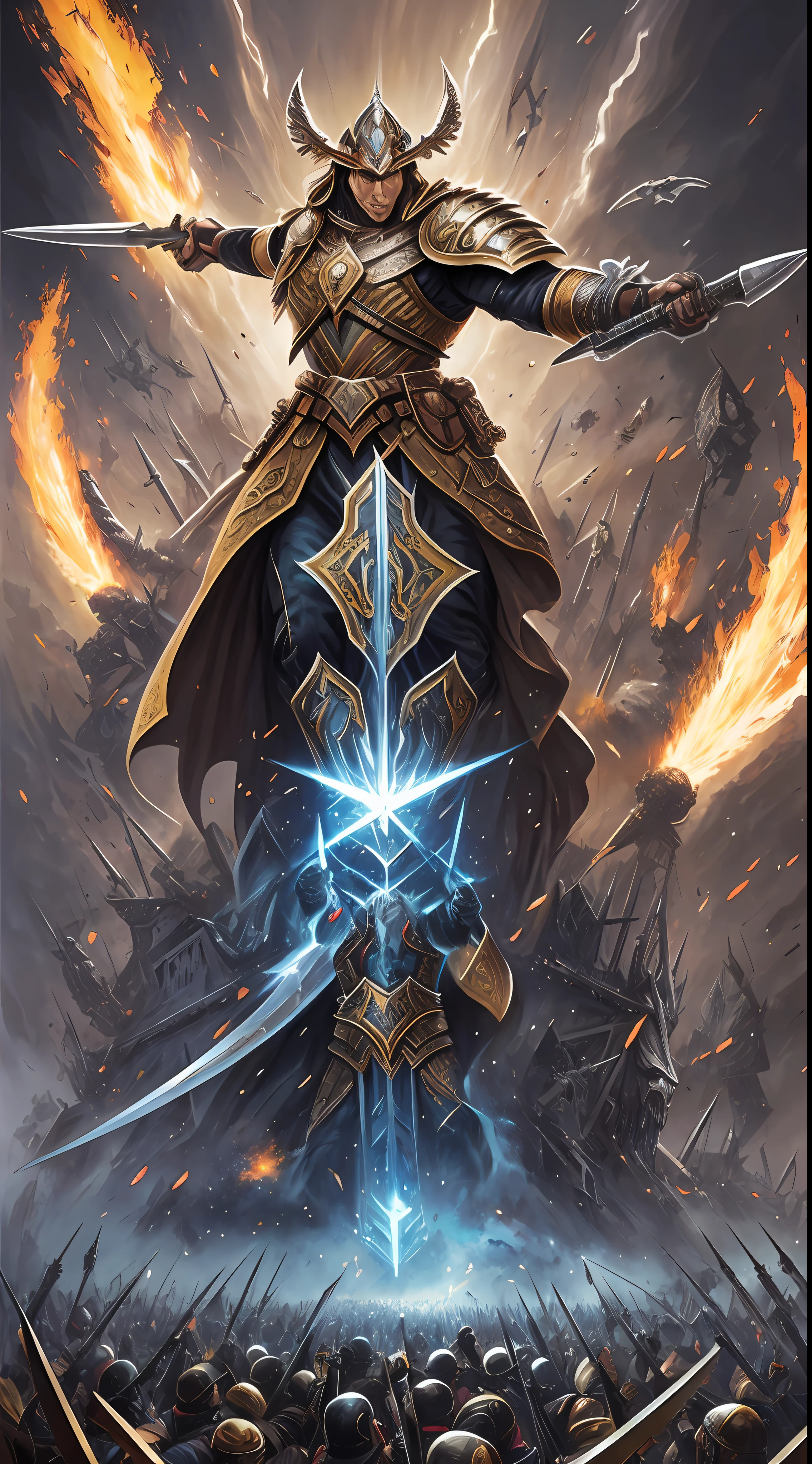 Witness the Legendary Sentinel, an unmatched warrior radiating bravery and strength. Adorned in intricately engraved armor, they command admiration and reverence. With a towering presence, they exude an aura of unwavering determination. Their fierce eyes penetrate the darkest recesses. A colossal blade, etched with ancient runes, rests upon their broad shoulder, a testament to their exceptional combat prowess. Battle scars narrate tales of triumphs and near-fatal clashes. In their wake, vanquished foes attest to their unyielding spirit. The battlefield, strewn with chaos, mirrors the intensity of their conflicts. Alongside, loyal allies stand united, ready to fight alongside their revered leader. Their charge shakes the ground, while their war cry resounds. Legends materialize through their valor, etching their name in history's annals. Oil painting with vivid colors and realistic style. Inspired by Greg Rutkowski's artworks., Gothic art, high detail, 8k, best quality, award winning, high details, anatomically correct, masterpiece, UHD --auto --s2