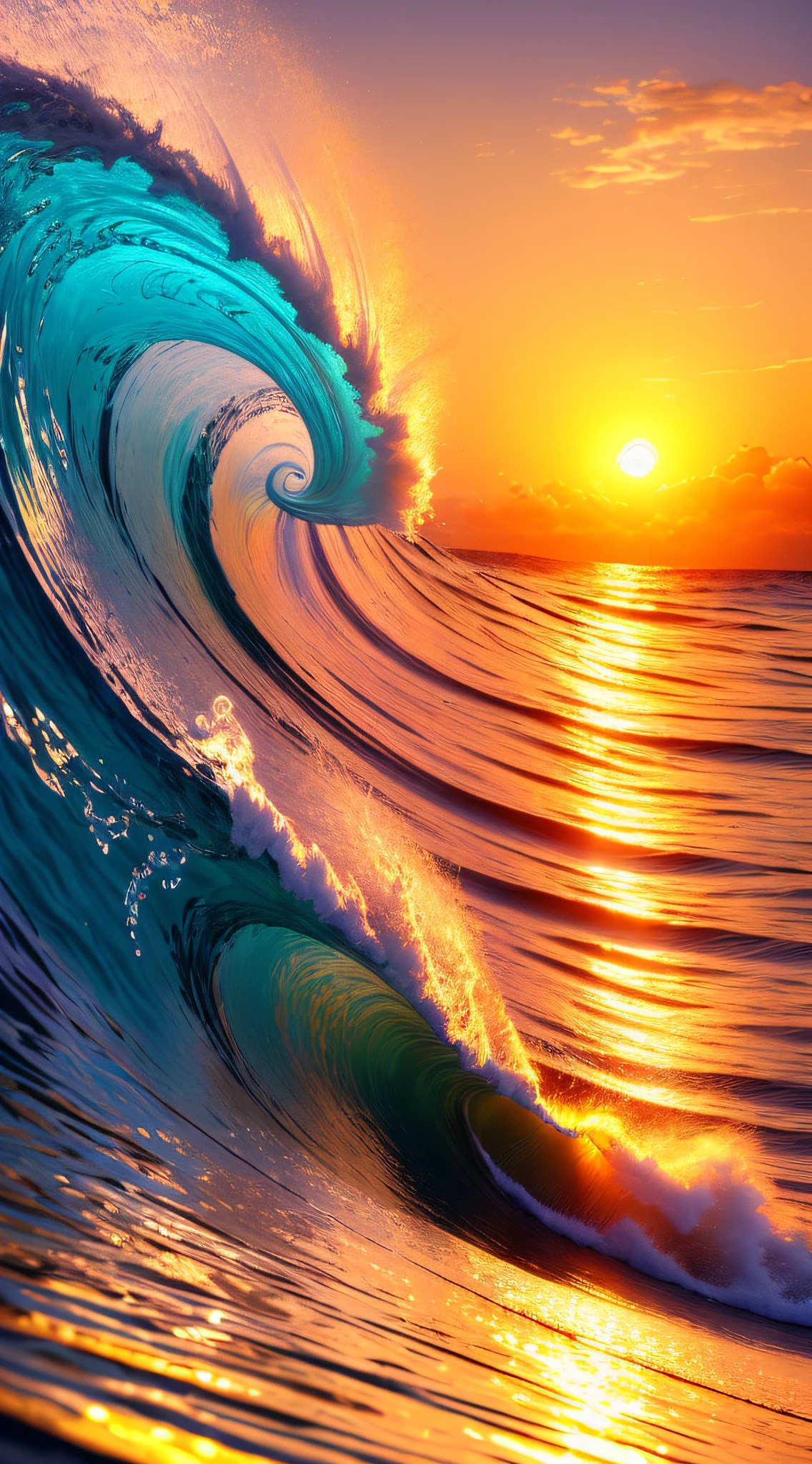 Masterpiece, best quality, (8k very detailed CG unit wallpaper) (best quality), (best illustration), (best shadows) a golden sea wave, bright orange aol sunset through the wave, golden droplets flying, (:4.6)