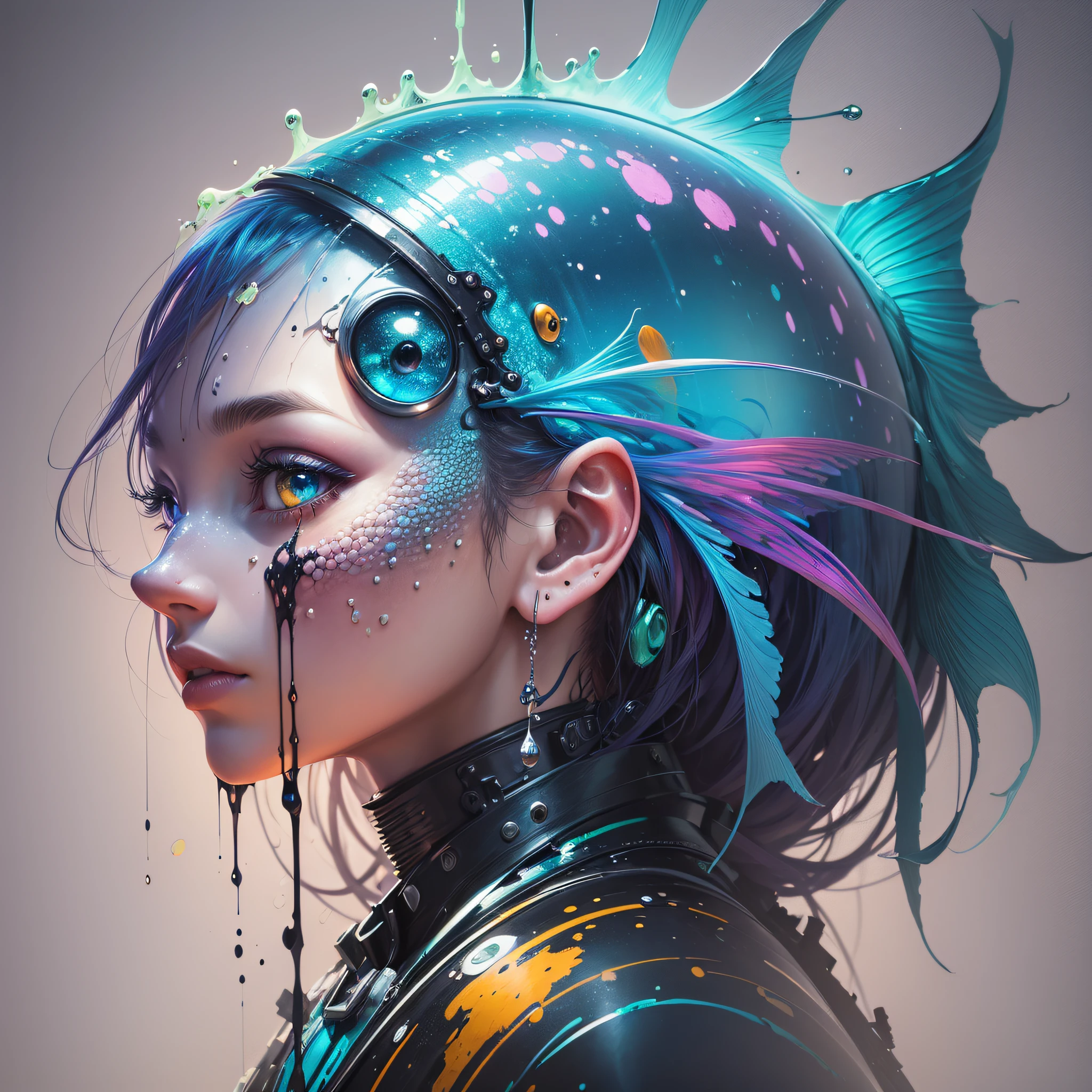 (samdoesarts:1.3), nvinkpunk, articules, techno-organic mutation (fish), portrait, backlighting, abstract, painting, painted by famous artist, ethereal, liquid, abstract, masterpiece, highly detailed, best quality, highest quality, realistic lighting, hyperdetailed, hyperrealism, colors, colorful --auto --s2
