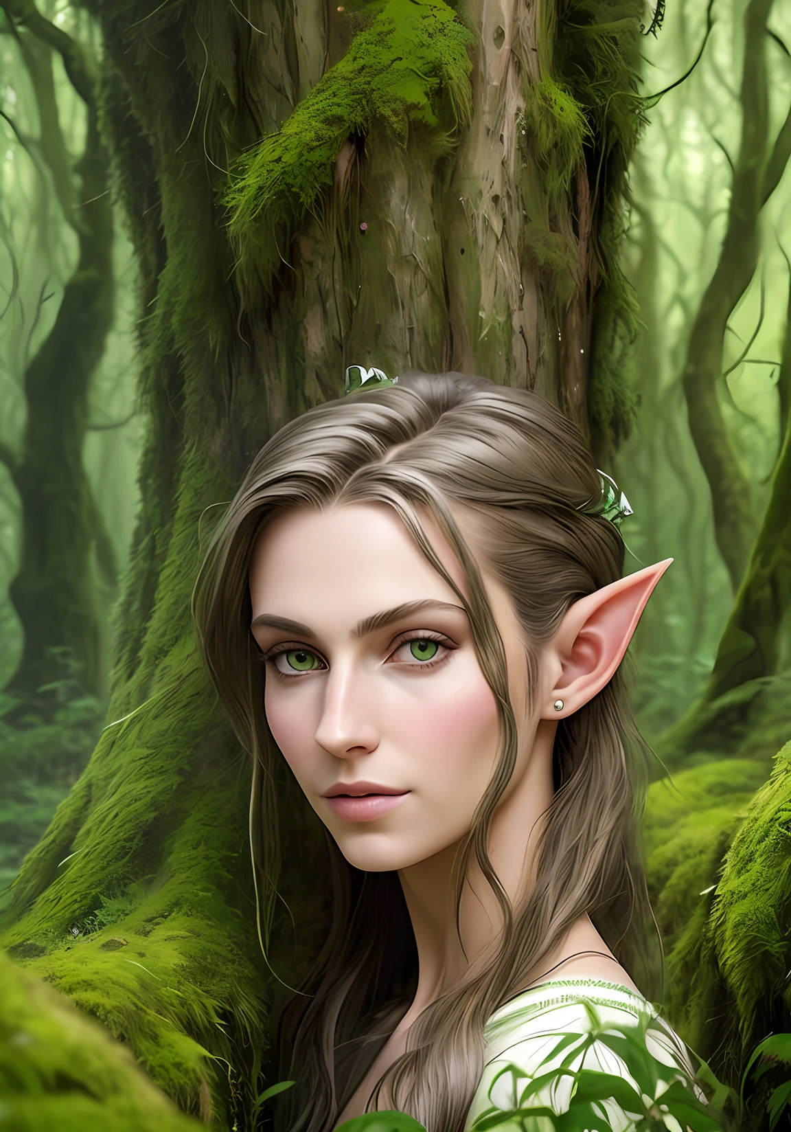 ****a portrait of an iconic fantasy, a portrait of a elf with green eyes and pointy Vulcan ears dancing in a overgrown trees, in the style of realistic and hyper-detailed renderings, chilling creatures, 32k uhd, andrea kowch, pseudo-realistic with wind swept hair, realistic, in realistic mossy Forest photography by David bailey. Hasselblad CFV II 50C digital camera ,4k ,sharp focus ,bright colour ,(soft suntanned skin)