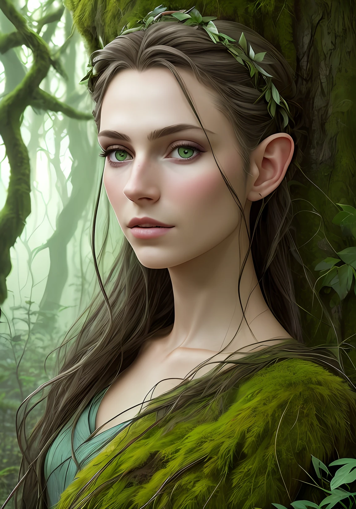****a portrait of an iconic fantasy, a portrait of a elf with green eyes and pointy Vulcan ears dancing in a overgrown trees, in the style of realistic and hyper-detailed renderings, chilling creatures, 32k uhd, andrea kowch, pseudo-realistic with wind swept hair, realistic, in realistic mossy Forest photography by David bailey. Hasselblad CFV II 50C digital camera ,4k ,sharp focus ,bright colour ,(soft suntanned skin)