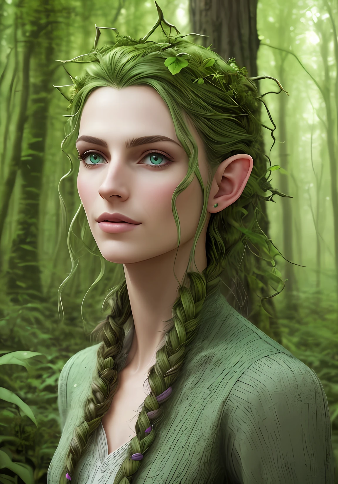 ****a portrait of an iconic fantasy, a portrait of a elf with green eyes and pointy Vulcan ears dancing in a overgrown trees, in the style of realistic and hyper-detailed renderings, chilling creatures, 32k uhd, andrea kowch, pseudo-realistic with wind swept hair, realistic, in realistic mossy Forest photography by David bailey. Hasselblad CFV II 50C digital camera ,4k ,sharp focus ,bright colour ,(soft suntanned skin)