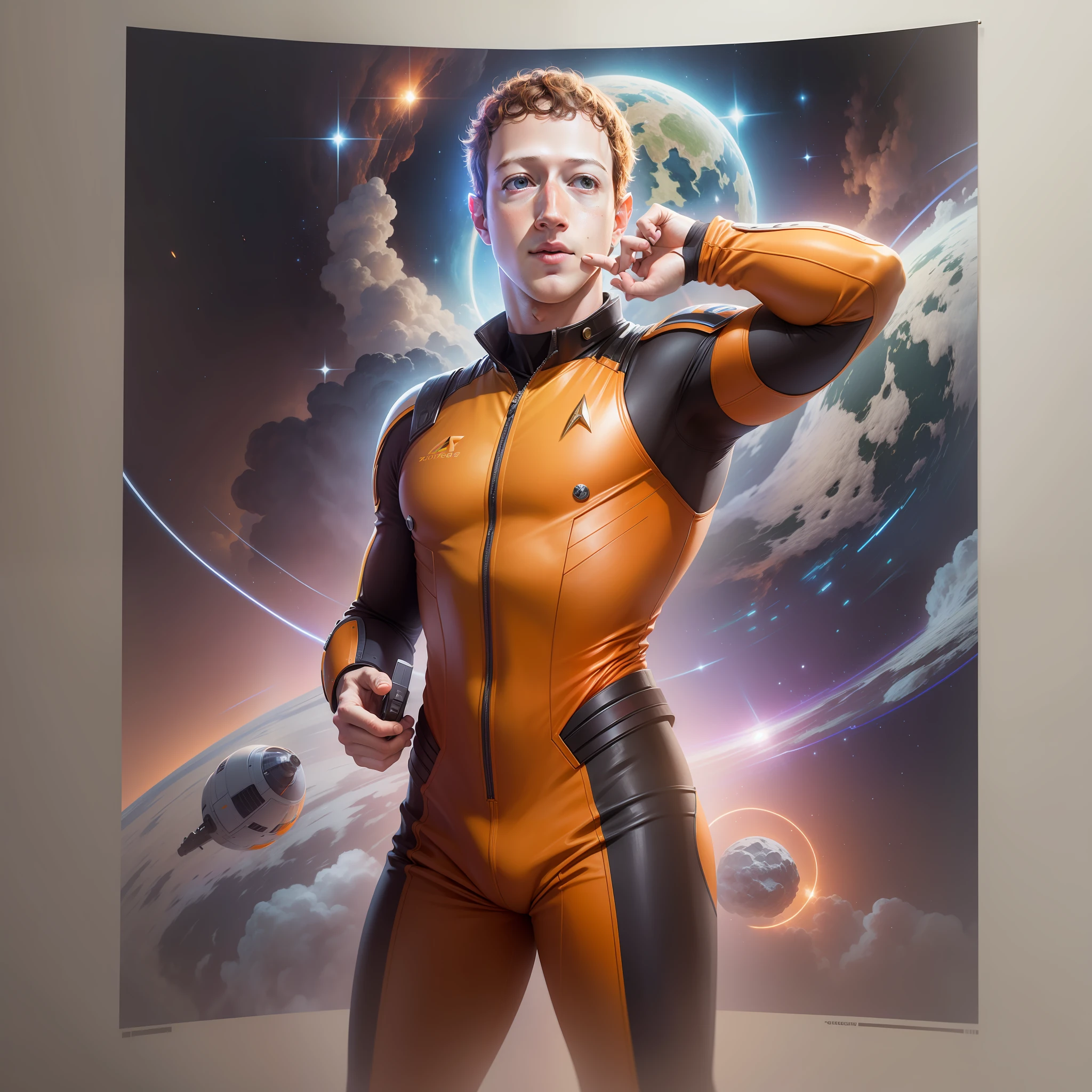 Mark Zuckerberg as Data from Star Trek, space, spaceship, action movie poster, orange uniform