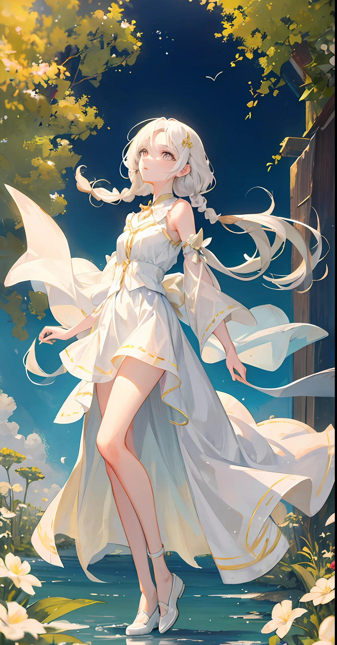 A masterpiece-level CG artwork with a fresh and soft painting style. The subject is a fairy-like beautiful girl, slender legs, small white shoes, golden eyes with smooth and fair skin, trimmed white clothes patting in the wind, long white hair hanging, looking up at the sky posture is extremely beautiful, hair fluttering in the wind, side braids are elegant and charming. The unique composition highlights the exquisite beauty of the beautiful girl, and the simplicity is endlessly charming.