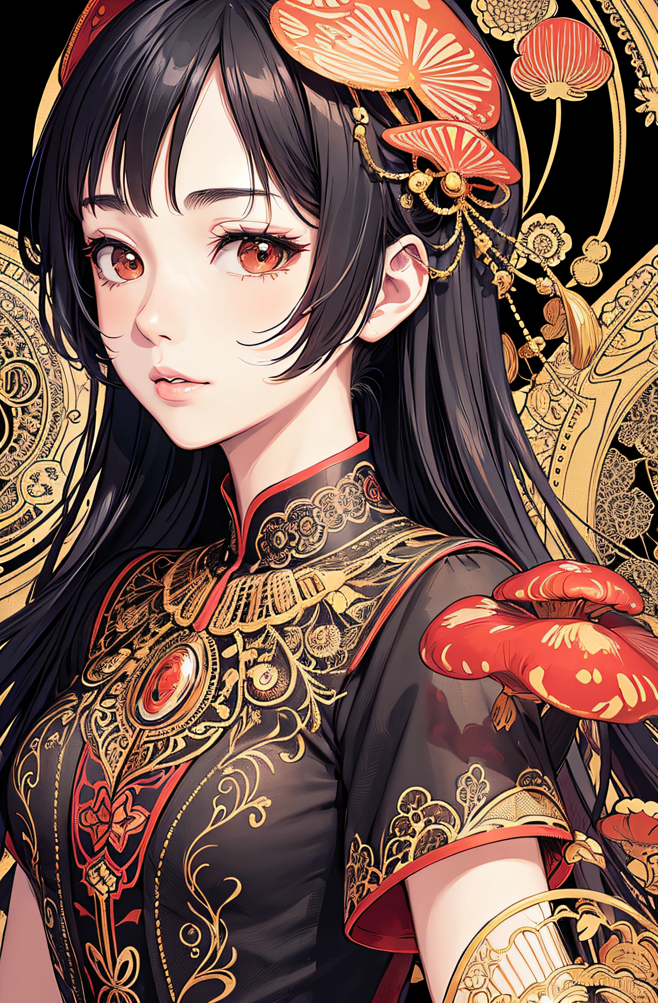 (masterpiece, top quality, best quality, official art, beautiful and aesthetic: 1.2), (1girl: 1.3), very detailed, (fractal art: 1.1), (color: 1.1) (flowers: 1.3), (by Yuko Higuchi:1.4), Higuchi Yuko,(by Yoh:1.2),(lineart),line drawing,pen drawing,zentangle,(tattoo pattern:1.2),(Intricate lines),(masterpiece),(best quality:1.1), (ultra-detailed),best illustration,finely detail,hand drawn high quality,High contrast,(clean lines:1.3),ligne claire,(Portrait),(extremely close-up:1.1),1 girl,solo,A girl is surrounded by red mushrooms,(Intricate details:1.3),(detailed background:1.2),(colored background:1.1),sketch,Intricate details,High Resolution
