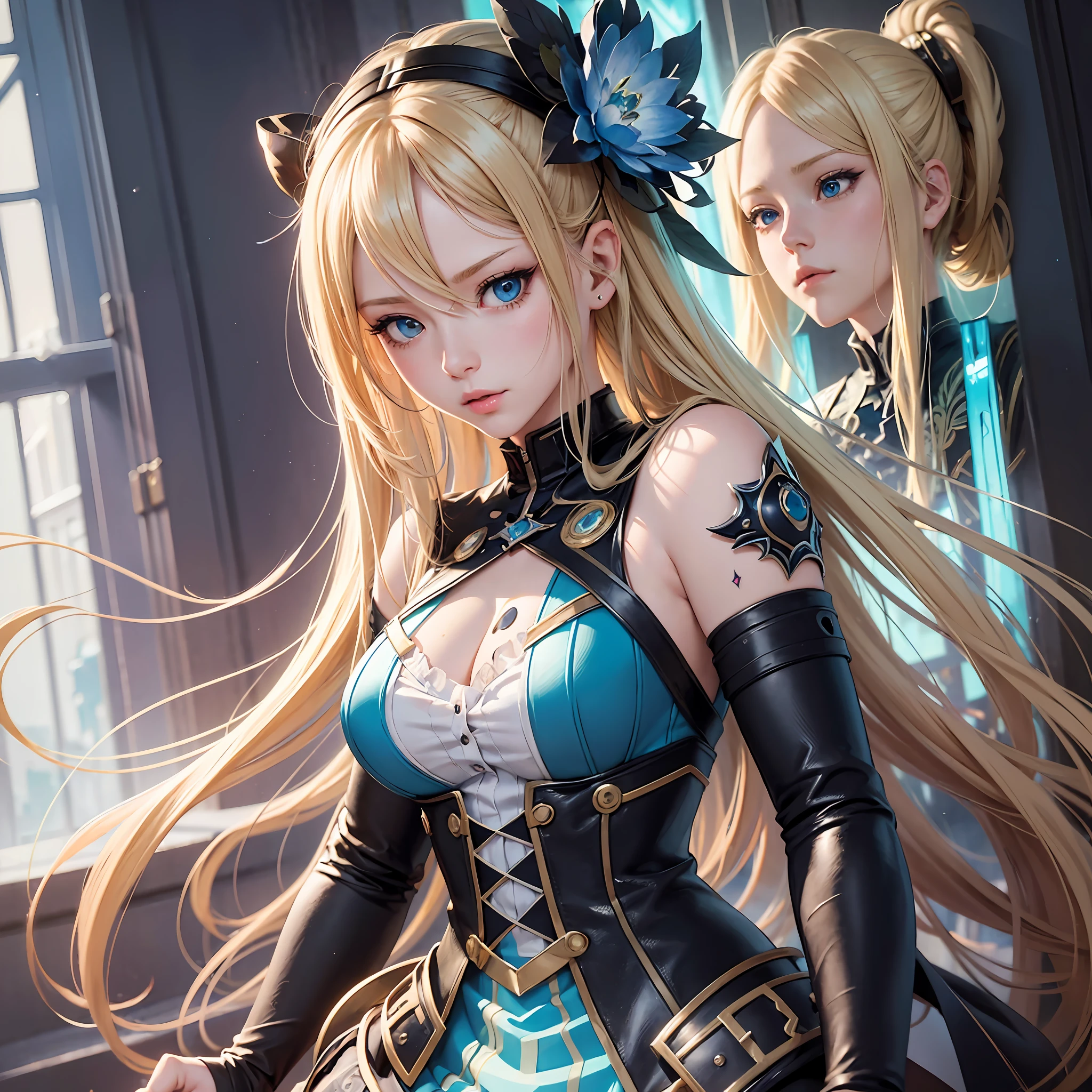a close up of a AVRIL LAVIGNE with long blonde hair and blue eyes, detailed digital anime art, artgerm on artstation pixiv, digital anime illustration, artgerm. anime illustration, fantasy art style, alphonse mucha and rossdraws, artgerm. high detail, extremely detailed artgerm, anime fantasy illustration, digital anime art, beautiful anime art style, chromic aberration, action packed,light placement art, luminism, maximalism, intricate complex painting matrix, ultra high contrast, detailed busy painting matrix, wide angle lens, bioluminescence, bouncing lighting, intricate reflections, best shadows, best lighting, best postprocessing, artistic filters, ambient occlusion, romanticism