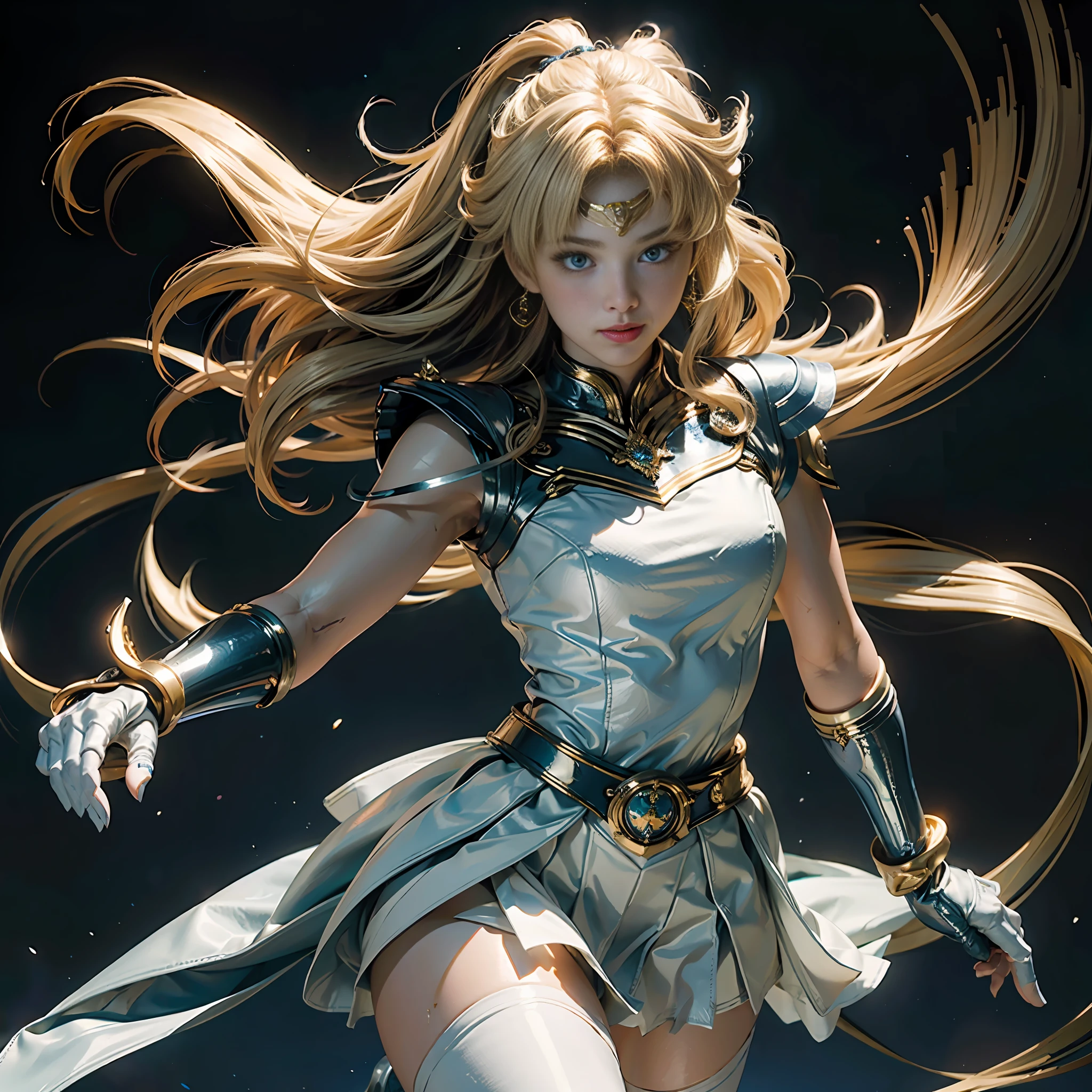(CG Unity 8K wallpaper with extreme details, masterpiece, high quality), (exquisite lighting and shadow, highly dramatic image, cinematic lens effect), (Sailor Moon: 1.1), double tails, blue eyes, blonde hair, tight white top, white gloves, blue mini skirt, dynamic pose), moon in the background (excellent detail, excellent lighting, wide angle), (excellent rendering, enough to stand out in its class),