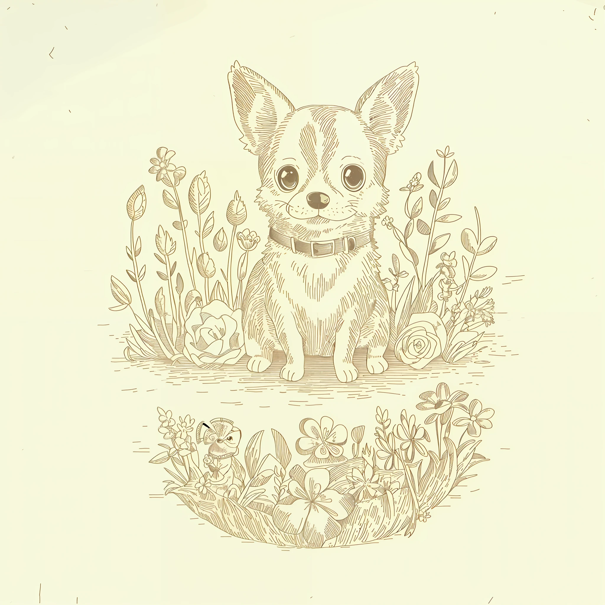 1 cute chihuahua dog, forest with flowers, (masterpiece, best quality: 1.1), (sketch: 1.1), paper,