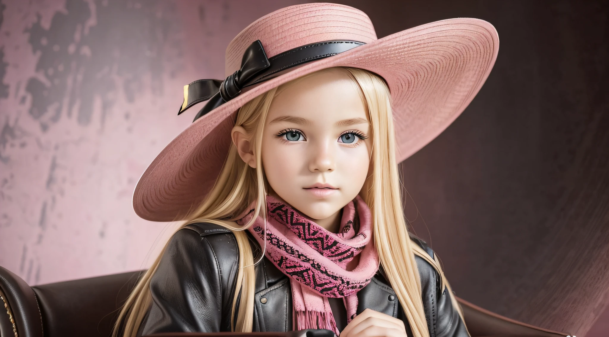 BLONDE CHILD girl,wearing a pink hat and scarf sitting on a black leather chair, photo from a promotional session, promotional photoshoot, young girl, beautiful young model, pink cowboy hat, young teenager, photo shoot, photoshoot, inspired by Toros Roslin, red dress and hat, modeling essay, young and beautiful girl, studio portrait photography,  photoshoot solo --auto --s2