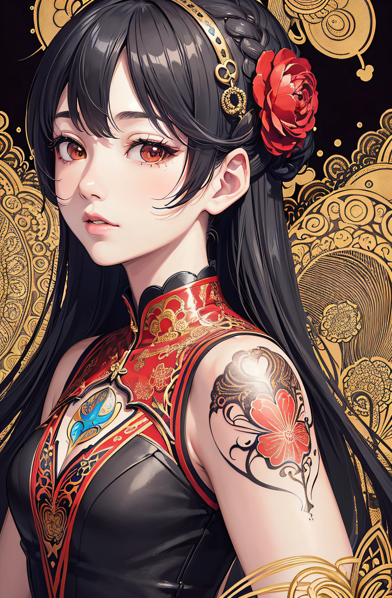 (masterpiece, top quality, best quality, official art, beautiful and aesthetic: 1.2), (1girl: 1.3), very detailed, (fractal art: 1.1), (color: 1.1) (flowers: 1.3), (by Yuko Higuchi:1.4), Higuchi Yuko,(by Yoh:1.2),(lineart),line drawing,pen drawing,zentangle,(tattoo pattern:1.2),(Intricate lines),(masterpiece),(best quality:1.1), (ultra-detailed),best illustration,finely detail,hand drawn high quality,High contrast,(clean lines:1.3),ligne claire,(Portrait),(extremely close-up:1.1),1 girl,solo,A girl is surrounded by red mushrooms,(Intricate details:1.3),(detailed background:1.2),(colored background:1.1),sketch,Intricate details,High Resolution