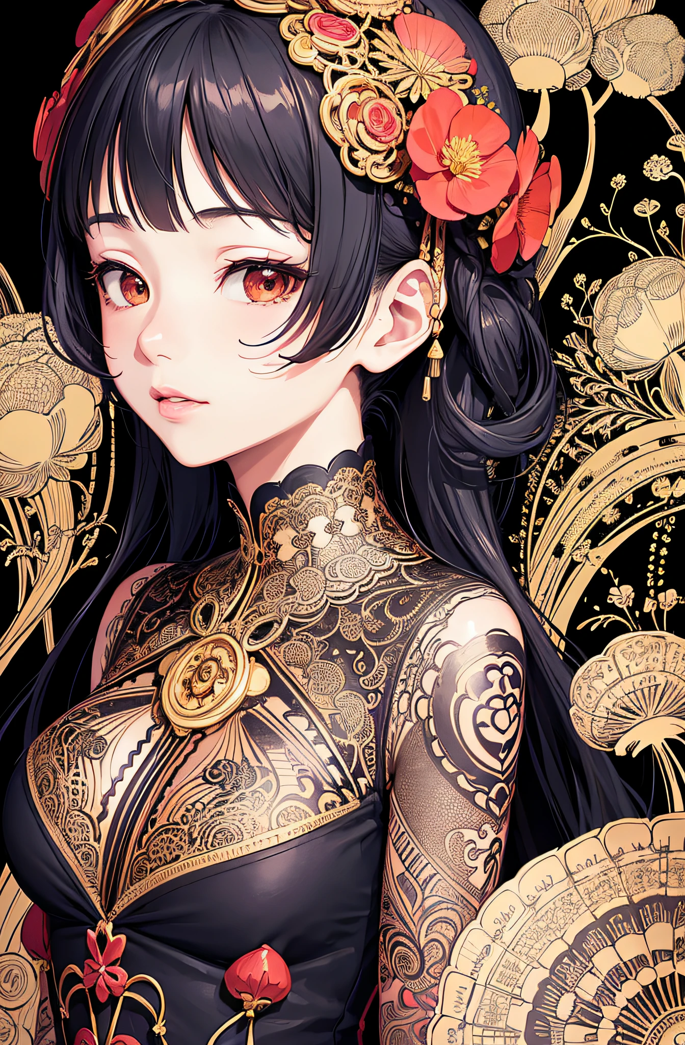 (masterpiece, top quality, best quality, official art, beautiful and aesthetic: 1.2), (1girl: 1.3), very detailed, (fractal art: 1.1), (color: 1.1) (flowers: 1.3), (by Yuko Higuchi:1.4), Higuchi Yuko,(by Yoh:1.2),(lineart),line drawing,pen drawing,zentangle,(tattoo pattern:1.2),(Intricate lines),(masterpiece),(best quality:1.1), (ultra-detailed),best illustration,finely detail,hand drawn high quality,High contrast,(clean lines:1.3),ligne claire,(Portrait),(extremely close-up:1.1),1 girl,solo,A girl is surrounded by red mushrooms,(Intricate details:1.3),(detailed background:1.2),(colored background:1.1),sketch,Intricate details,High Resolution