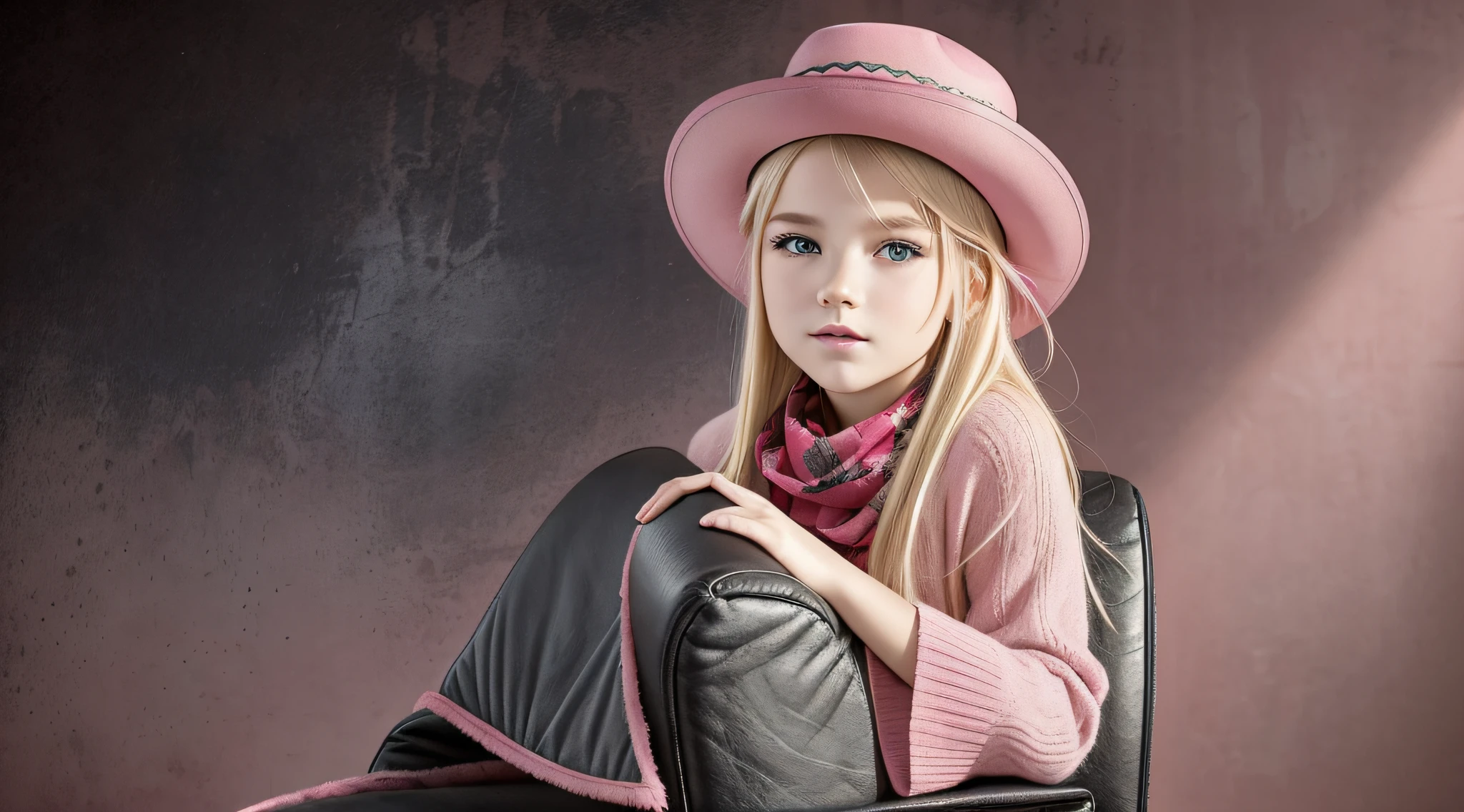 BLONDE CHILD girl,wearing a pink hat and scarf sitting on a black leather chair, photo from a promotional session, promotional photoshoot, young girl, beautiful young model, pink cowboy hat, young ager, photo shoot, photoshoot, inspired by Toros Roslin, red dress and hat, modeling essay, young and beautiful girl, studio portrait photography, photoshoot solo --auto --s2