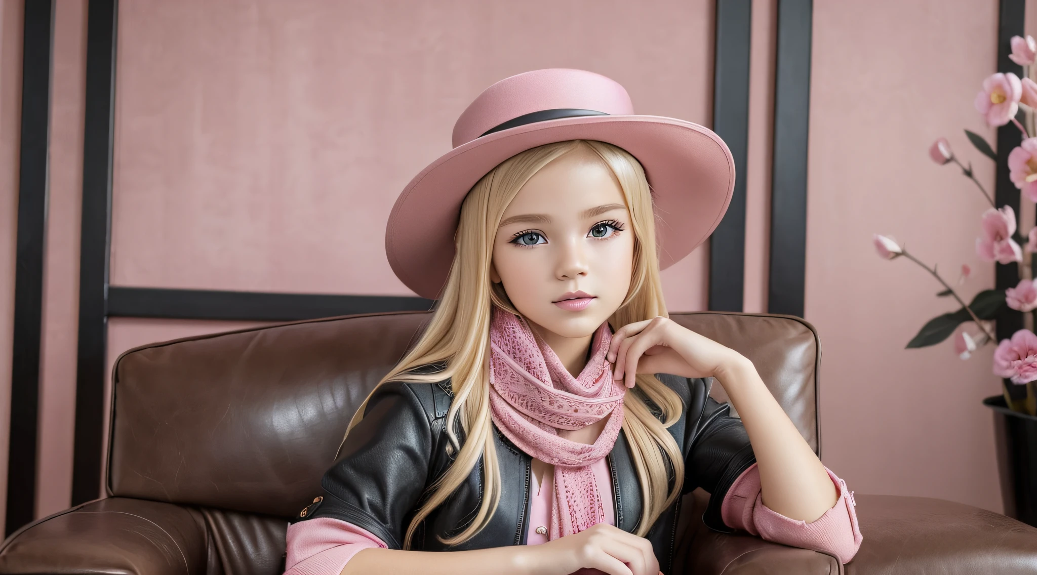 BLONDE CHILD girl,wearing a pink hat and scarf sitting on a black leather chair, photo from a promotional session, promotional photoshoot, young girl, beautiful young model, pink cowboy hat, young teenager, photo shoot, photoshoot, inspired by Toros Roslin, red dress and hat, modeling essay, young and beautiful girl, studio portrait photography,  photoshoot solo --auto --s2