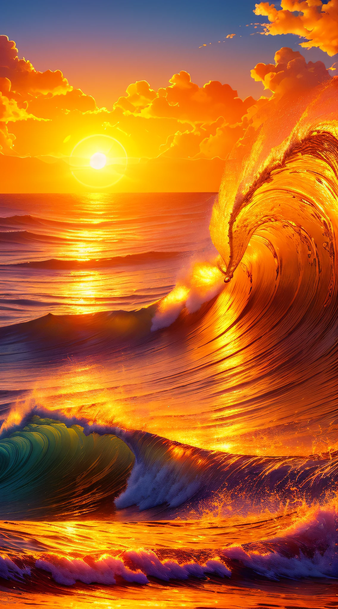 Masterpiece, best quality, (8k very detailed CG unit wallpaper) (best quality), (best illustration), (best shadows) a golden sea wave, bright orange aol sunset through the wave, golden droplets flying, (:3.6)