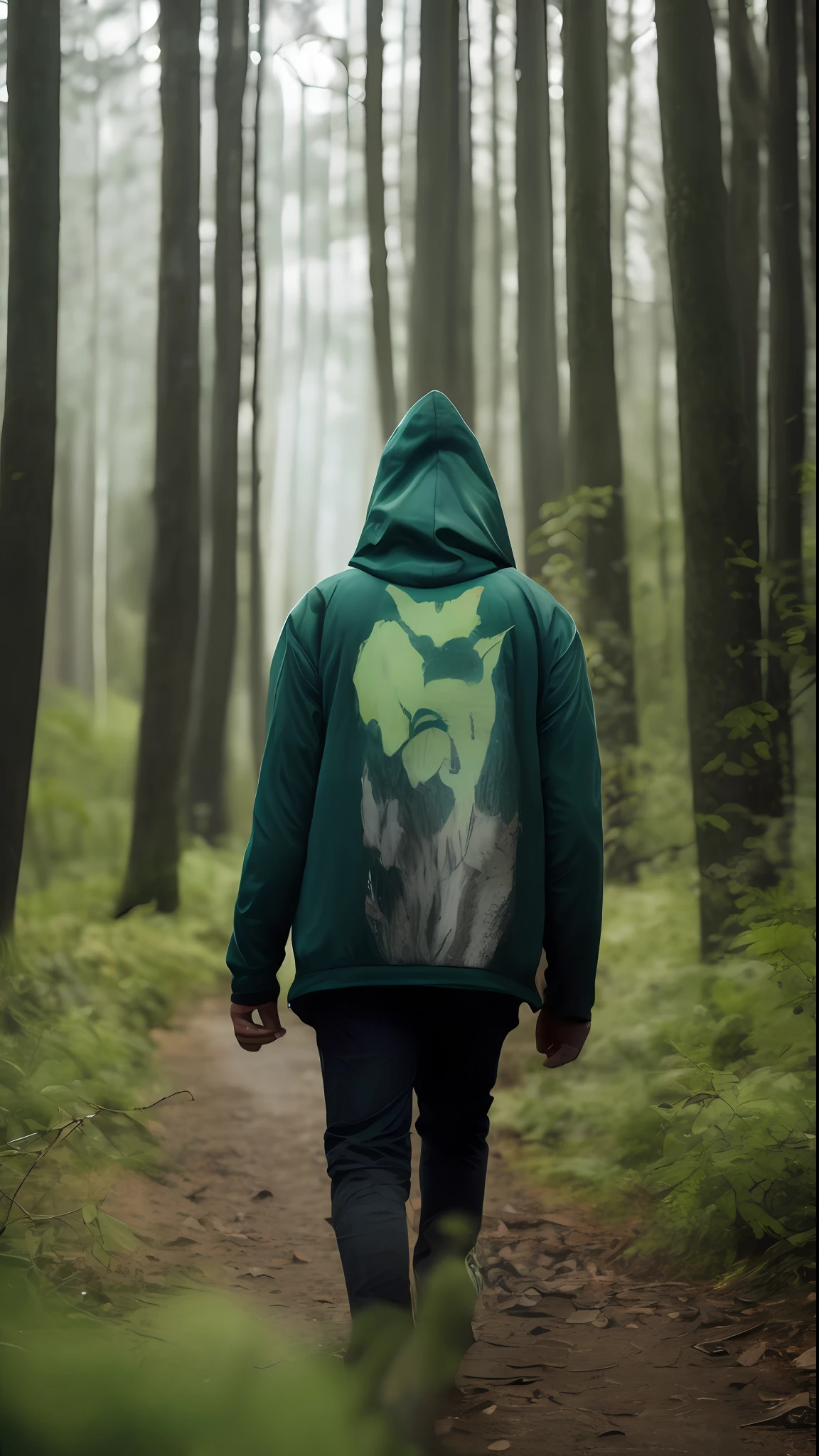 A man in a green hood, wolf teeth, walking in the forest