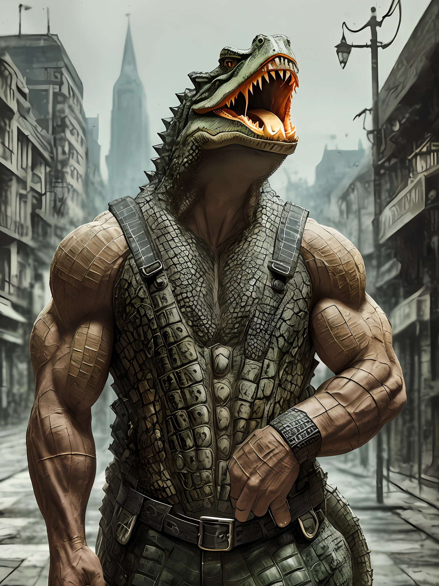 Strong man with the face being of an animal ((crocodile)) and muscular, street with anger, backpack, realistic epic, photo, faded, complex things around, intricate background, soaked, neutral colors, ((((HDR)))), ((((soft colors)))), intricate scene, artistic station, intricate details, vignette