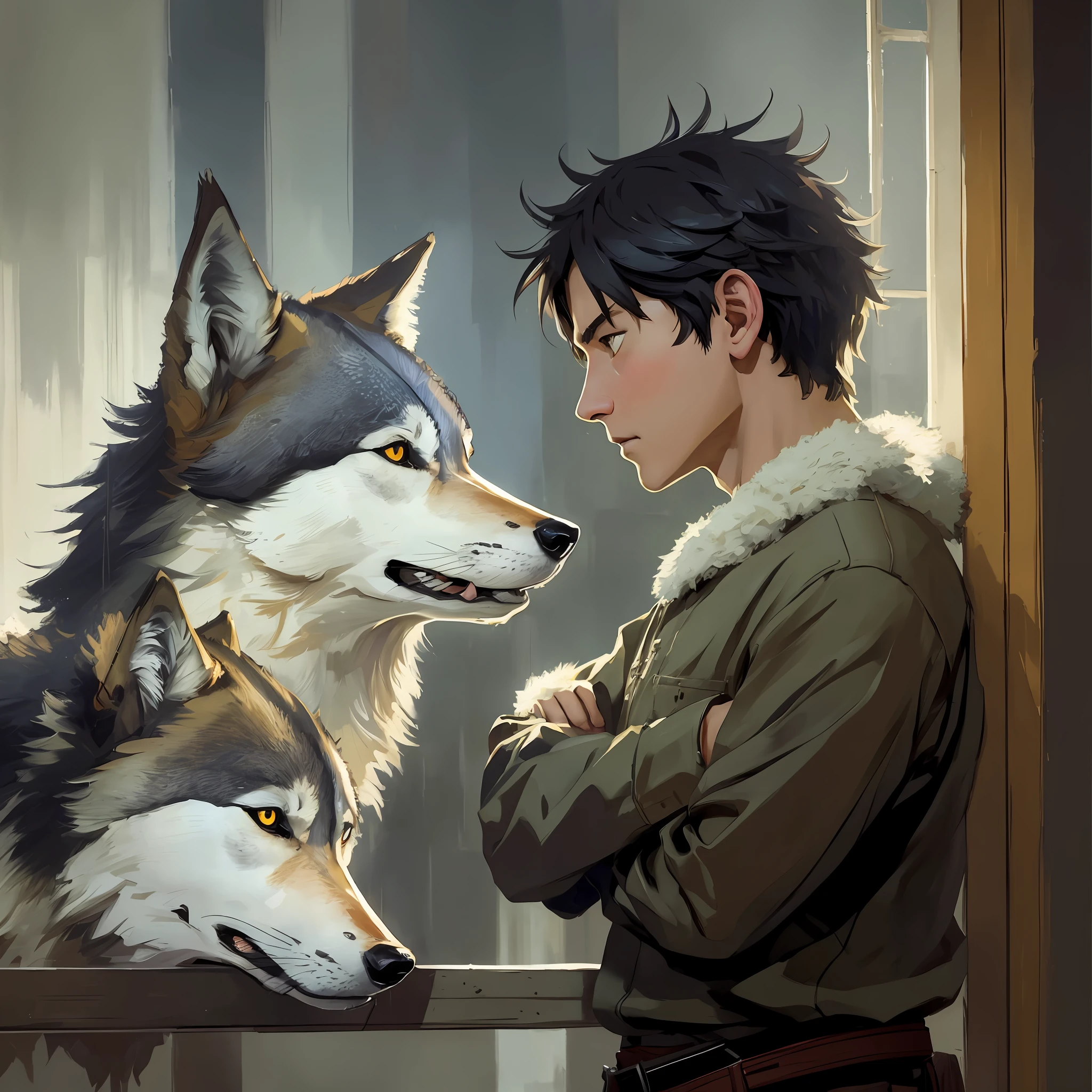 wolf and a boy, well detailed, best quality, majestic professional oil painting by Ed Blinkey, Atey Ghailan, Studio Ghibli, by Jeremy Mann, Greg Manchess, Antonio Moro, trend in ArtStation, trend in CGSociety, Intricate, High Detail, sharp focus, dramatic, photorealistic painting art by Midjourney and Greg Rutkowski --auto --s2