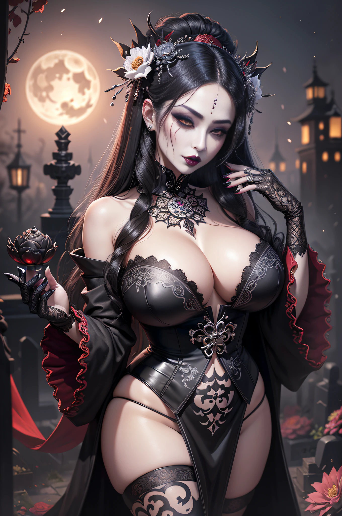 ((hyperrealistic, photorealistic, 8k, intricate details)) A Gothic geisha, funeral queen, goddess of the dead, underworld lady, consort of death, femme fatale, with flowing hair, white eyes, fleshy lips (black lipstick) full breasts, silky pese, thick thighs, wearing a Gothic makeup (Santa Muerte), and a black sensual Gothic kimono with white lotus flowers, poses in a cemetery at night ((night, dark)) filled with tombstones, and behind her a gigantic full moon shines illuminating at night.