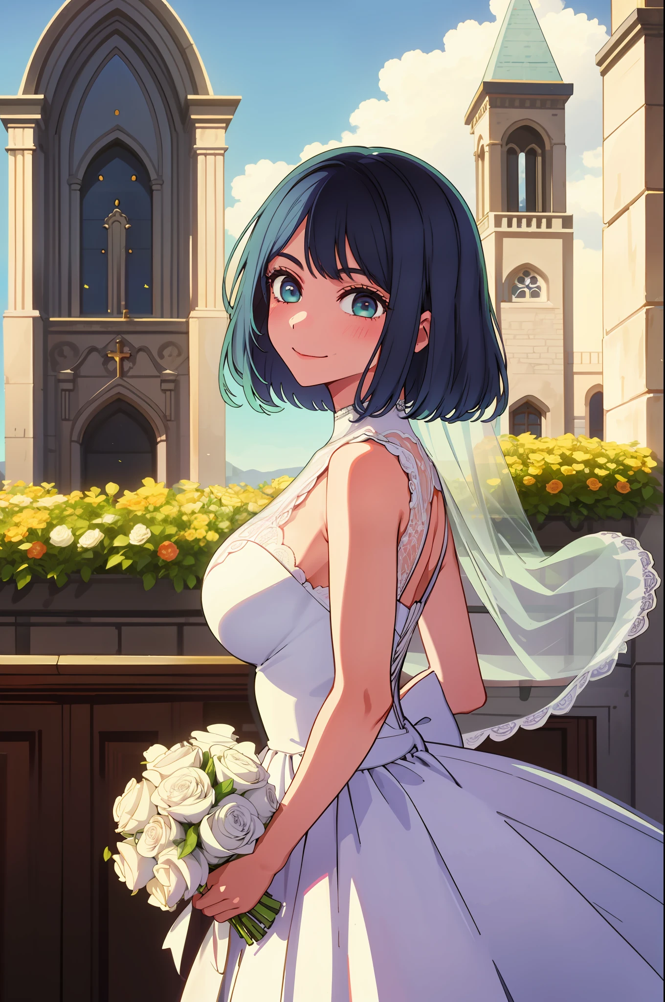 1girl, large breasts, wedding dress, church, looking at viewer, smiling, holding bouquet,