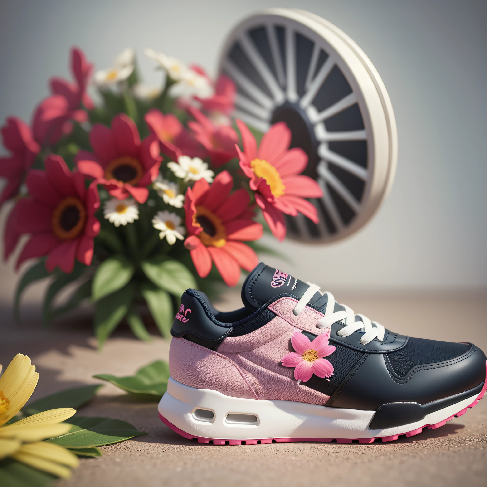 product photography flowers sneakers, epic rendering, octane, atmosphere, particles --auto --s2
