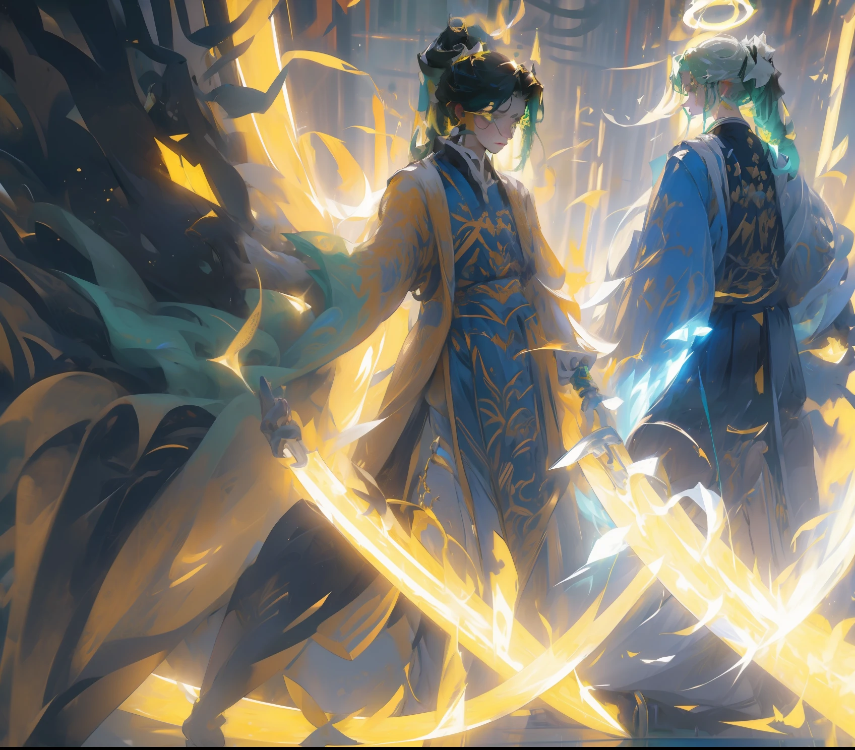 Three young heroes One white emanating One black ponytail One yellow ponytail Rainy day halo 8k leg length dark green Metallic elements Material boy mature Handsome Three people best quality Very detailed
