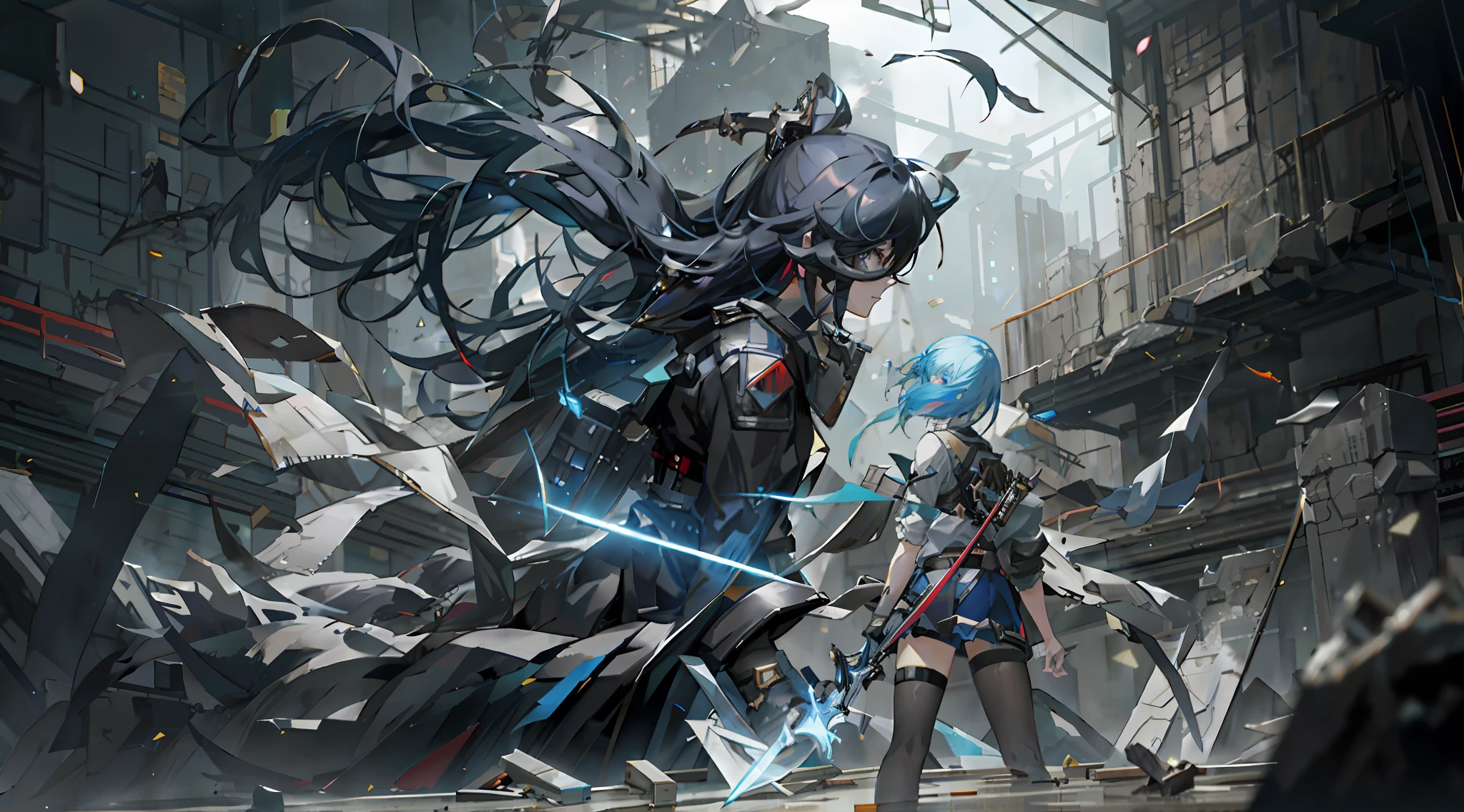 Anime character with a sword in a dark room with lots of debris, from Arknights, Ross Tran 8 K, Guweiz in ArtStation Pixiv, Guweiz in Pixiv ArtStation, Arknights, 2. 5 d cgi anime fantasy artwork, badass anime 8 k, guweiz, by Yang J, guweiz-style art, lots of details.