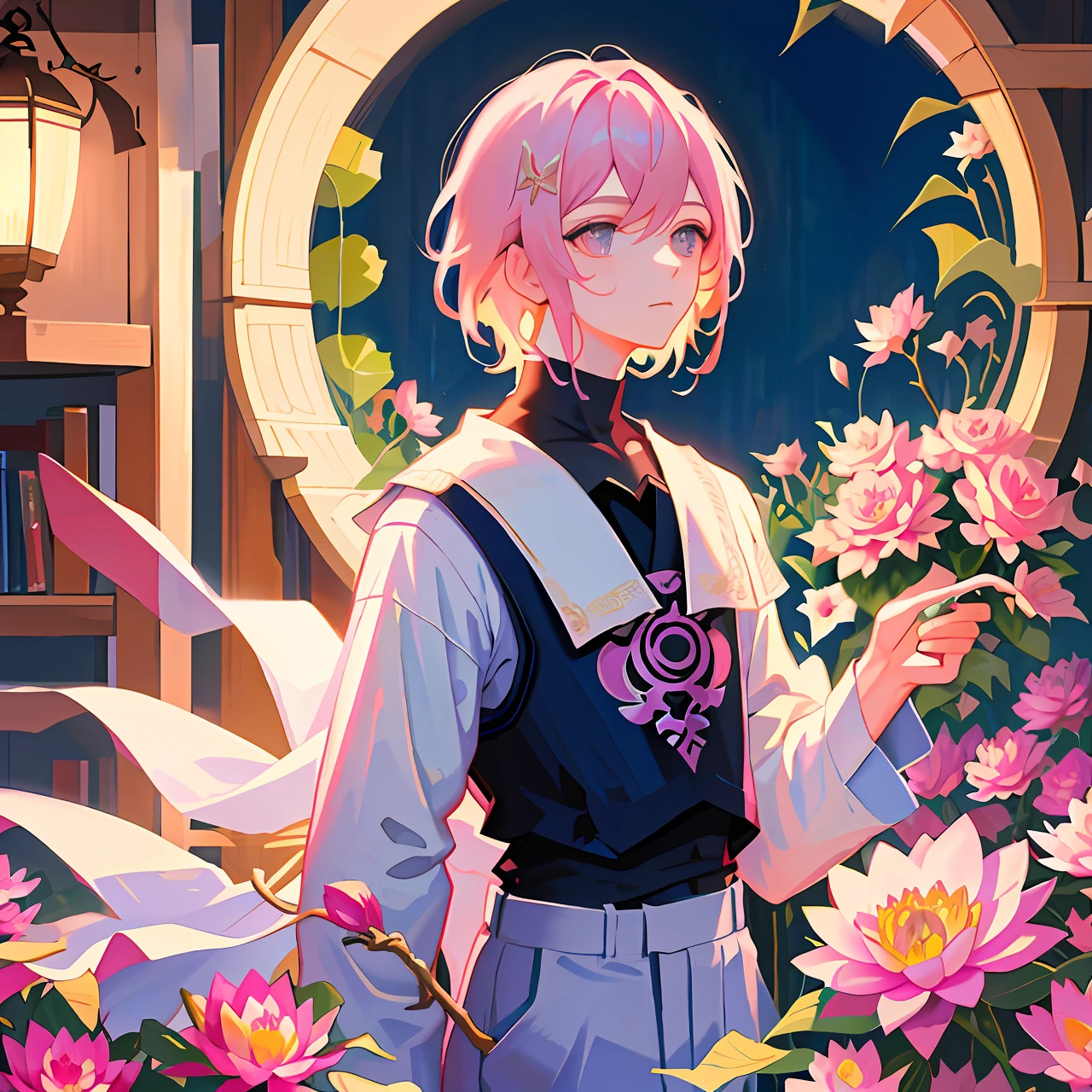 Masterpiece, boy, pink hair, genshin impact, sumeru clothes, cropped, lotus flower, flowers, thunder, book, light