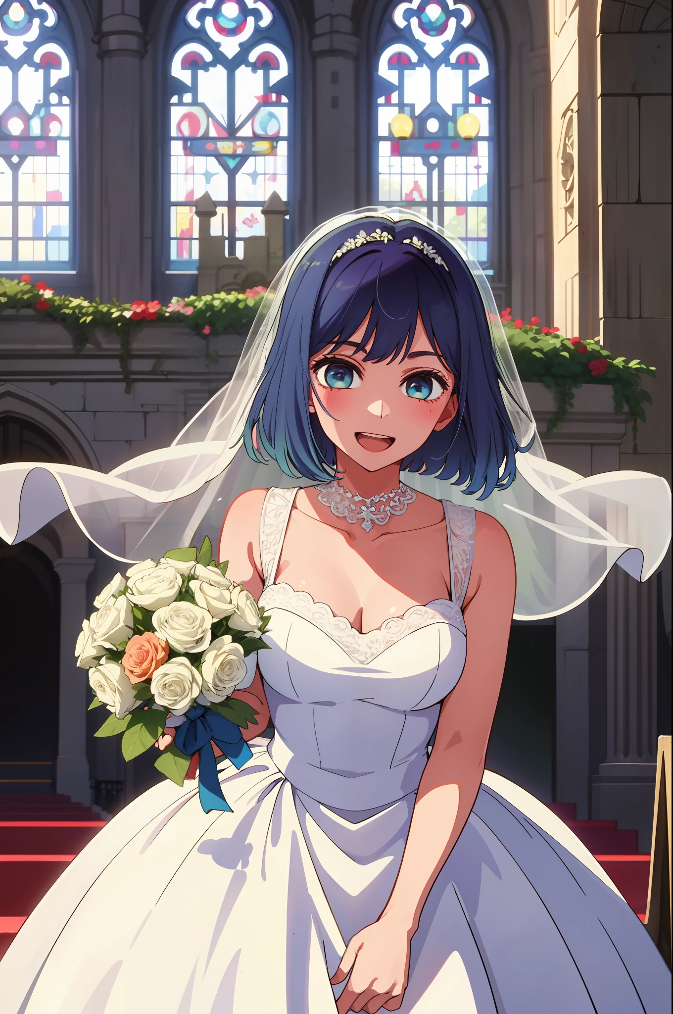 1girl, large breasts, wedding dress, church, looking at viewer, smiling, half open mouth, holding bouquet,