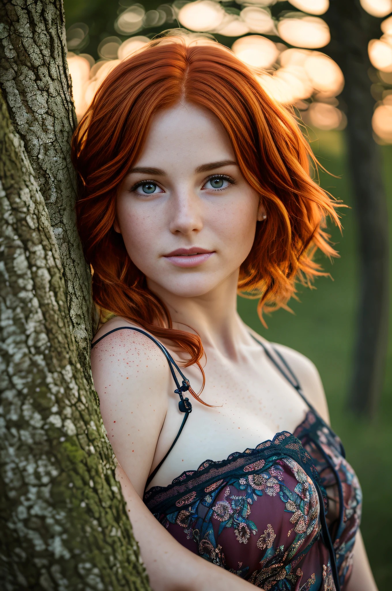 (8k, RAW photo, highest quality) a portrait of a 30-year-old redhead, framing from the navel, some small freckles, dressed in a tattered nightie, straps dropped, peeled, leaning against a tree in the wilderness, goosebumps, cinematic, faded colors, dark shot, muted colors, grainy film, lut, crazy details,  intricate details, hyperdetailed, sunset, shyness, seduction, romance, looks at the camera lens lovingly, f 13, no hand visible