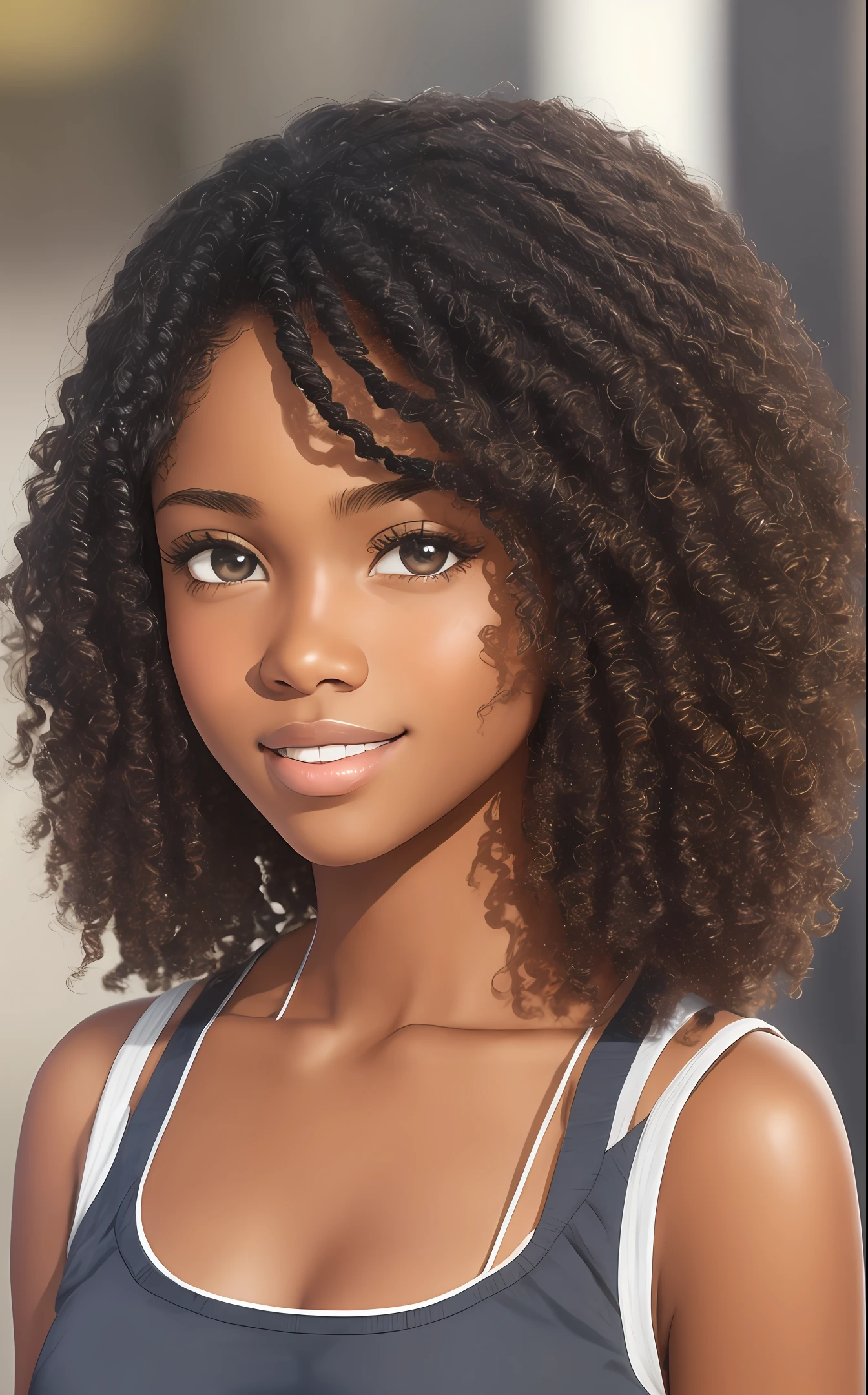 A face of a teenage student beautiful black skin and brown eyes curly black hair and long realistic image 4k --auto --s2