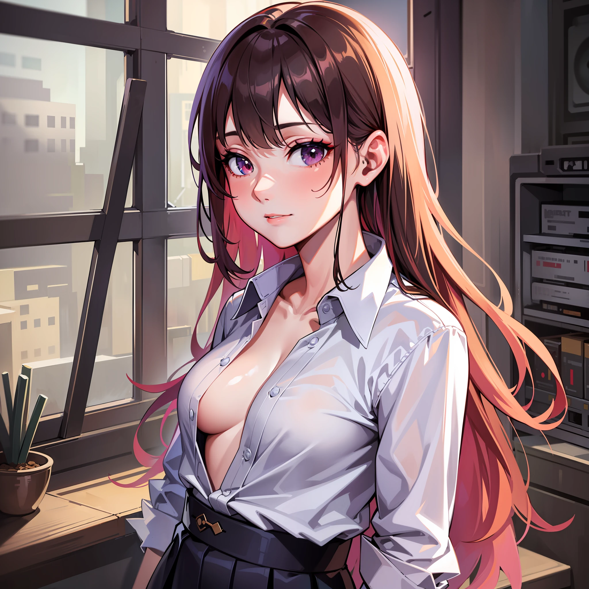 (extremely detailed CG unity 8k wallpaper), (masterpiece), (best quality), (ultra-detailed), (best illustration), (best shadow), ultra-high res, (photorealistic:1.4), 1girl at home, ((very oversize shirt, buttoned shirt, open shirt)), (man shirt), no bra, collarbone, (small breasts:1.2), small, (long hair:1.2), looking at viewer, light smile, upper body, makeup,