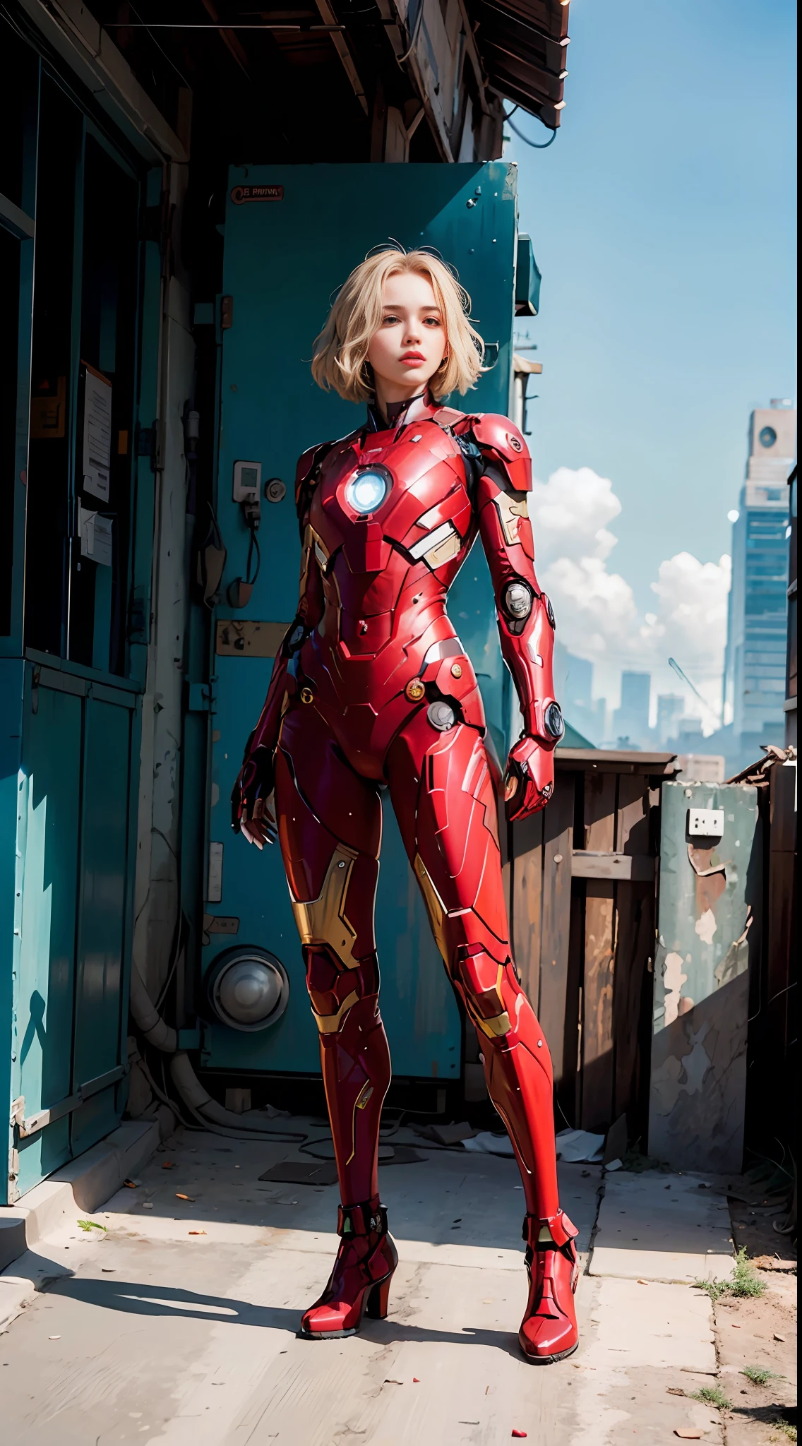 (1girl:1.3), solo,__body-parts__, official art, unity 8k wallpaper, ultra detailed, beautiful and aesthetic, beautiful, masterpiece, best quality, RAW, masterpiece, super fine photo,, best quality, super high Resolution, photorealistic, sunlight, full body portrait, stunningly beautiful,, dynamic pose, delicate face, vibrant eyes, (side view), she is wearing a futuristic Iron Man mech, red and gold, Highly detailed abandoned warehouse background, detailed face, detailed complex busy background, messy, gorgeous, milky, high detailed skin, realistic skin details, visible pores, sharp focus, volumetric fog, 8k uhd, dslr camera, High quality, film grain, fair skin, photorealism, lomography, sprawling metropolis in a futuristic dystopia, view from below, translucent