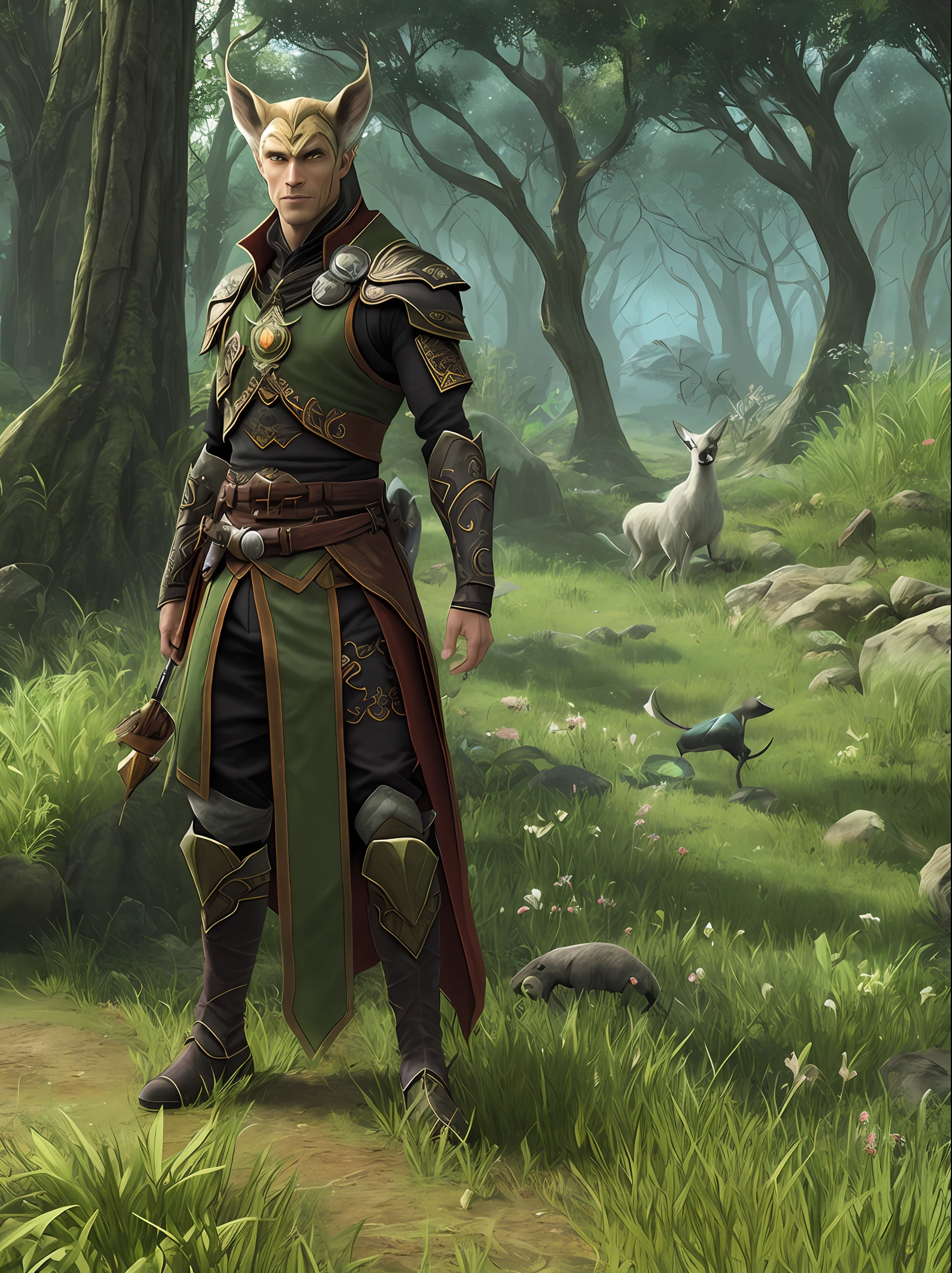 The Bosmer Master of Animals is a guardian of nature, able to communicate with animals and protect them from threats. He is a member of the Bosmer breed, known for his affinity for nature and his ability to live in harmony with the environment. With his deep knowledge of animals and his magical abilities, this master is able to summon creatures to help him in battle and heal his wounds with natural magic.