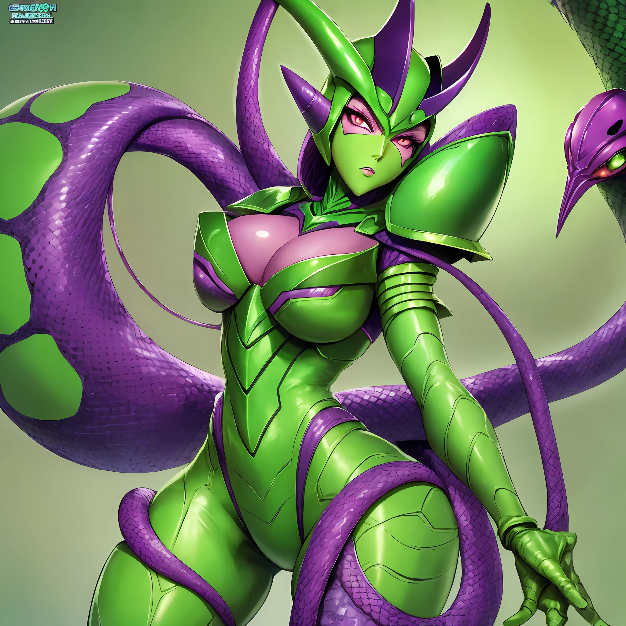 Cartoon photo of a woman in a green and purple costume, hot insect humanoid woman, Guyver style, NSFW version, red eye, scarab reploid, tentacles imitating a snake's tail, cel shade adult animation, alien queen, serpentine pose, --auto --s2