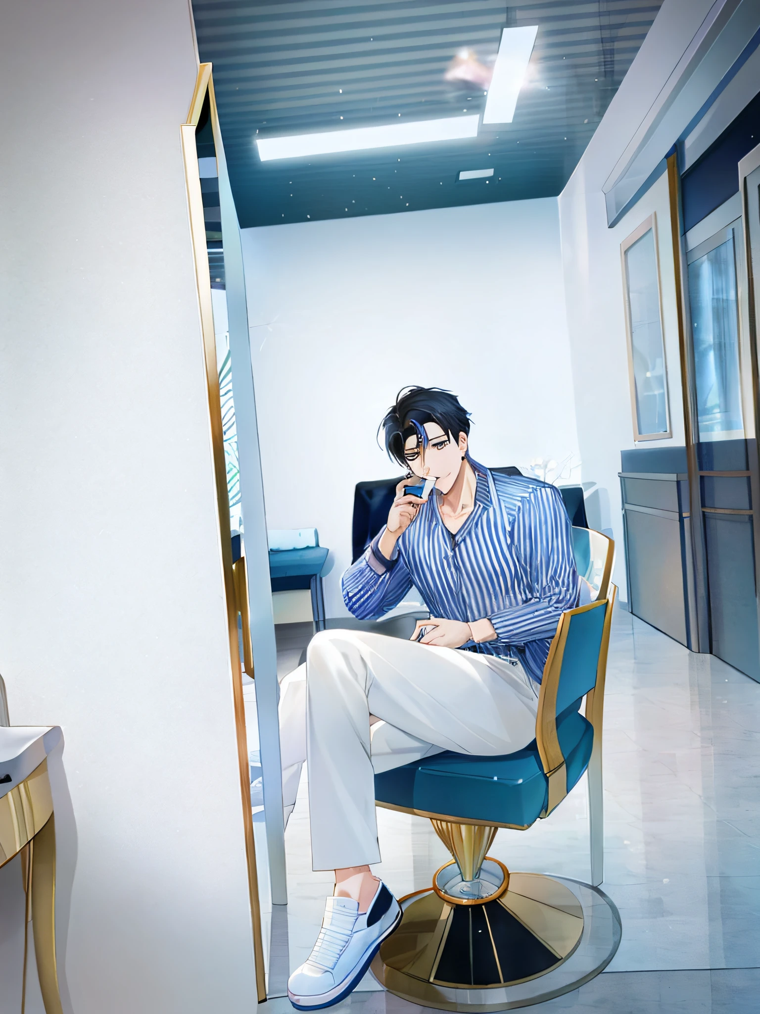 There is a man sitting on a chair taking a selfie, handsome anime pose, inspired by Bian Shoumin, smooth anime CG art, with Jiro legs upturned, high-quality fanart, in Bowater's art style, inspired by Byeon Sang-byeok, inspired by Yeong-Hao Han, by Jang Seung-eop, official illustration of handsome faces
