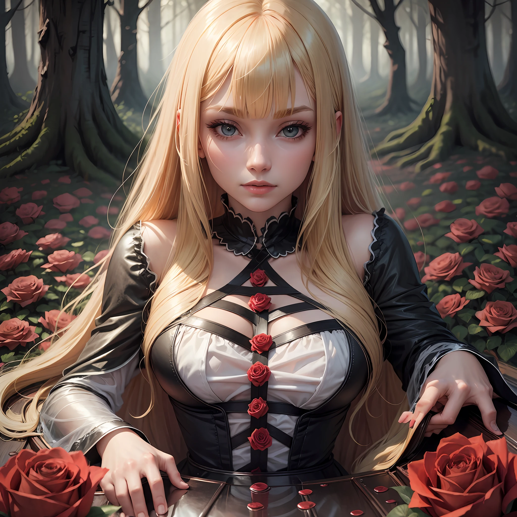 woman, backbone, coffin, roses, blood, long blonde hair, bangs, forest --auto --s2