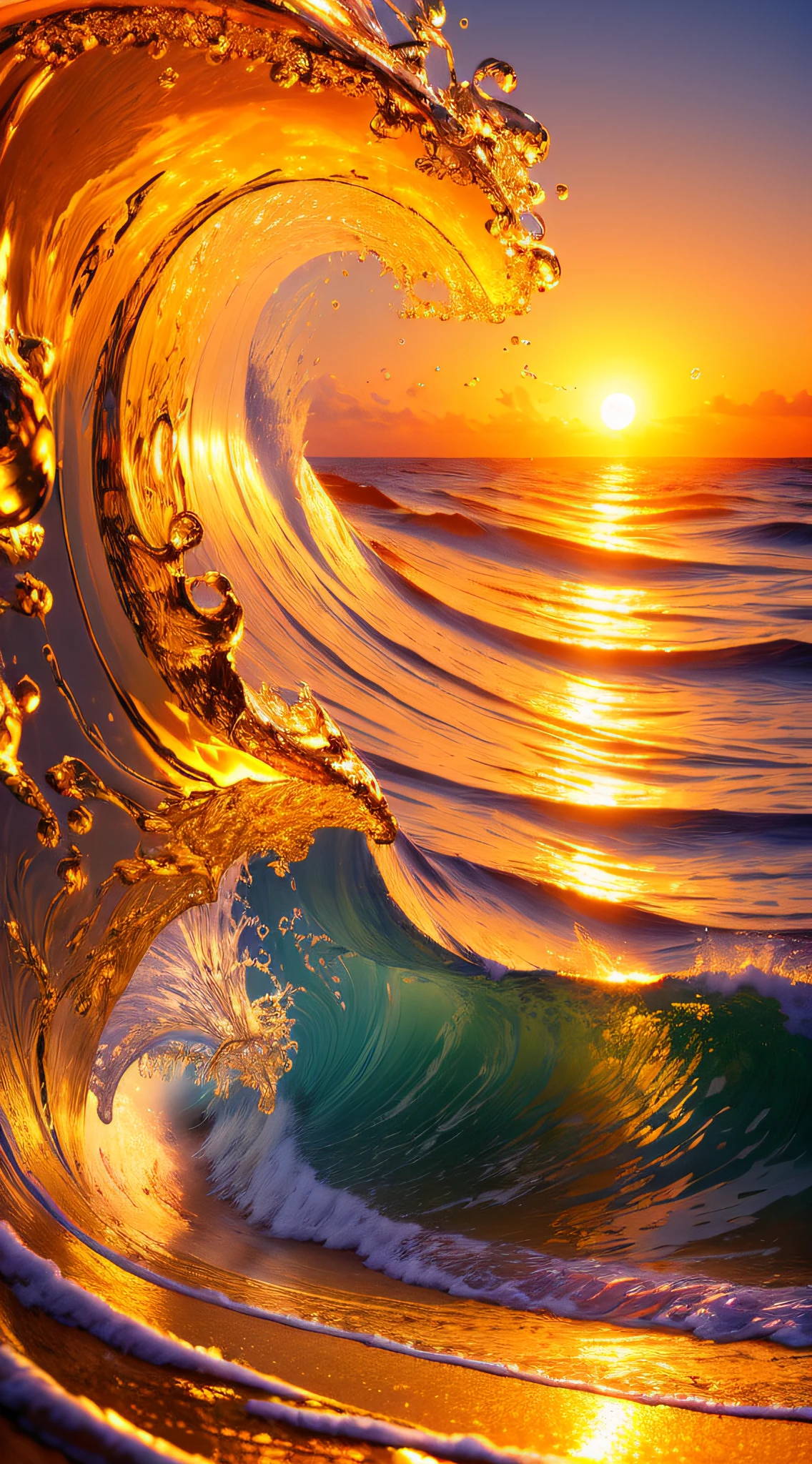 Masterpiece, best quality, (8k very detailed CG unit wallpaper) (best quality), (best illustration), (best shadows) a golden sea wave, bright orange aol sunset through the wave, golden droplets flying, (:5.6)