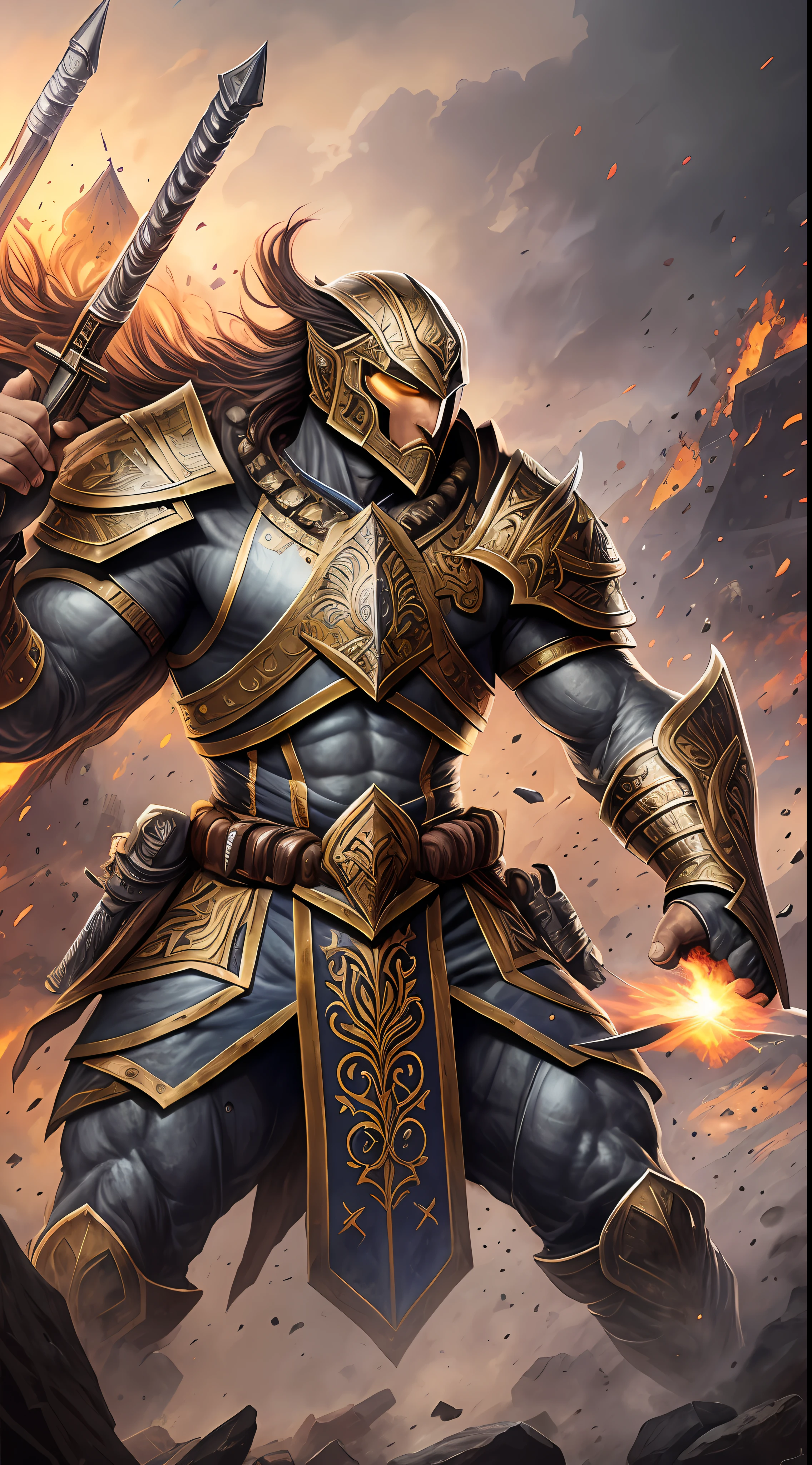 Witness the Legendary Sentinel, an unmatched warrior radiating bravery and strength. Adorned in intricately engraved armor, they command admiration and reverence. With a towering presence, they exude an aura of unwavering determination. Their fierce eyes penetrate the darkest recesses. A colossal blade, etched with ancient runes, rests upon their broad shoulder, a testament to their exceptional combat prowess. Battle scars narrate tales of triumphs and near-fatal clashes. In their wake, vanquished foes attest to their unyielding spirit. The battlefield, strewn with chaos, mirrors the intensity of their conflicts. Alongside, loyal allies stand united, ready to fight alongside their revered leader. Their charge shakes the ground, while their war cry resounds. Legends materialize through their valor, etching their name in history's annals. Oil painting with vivid colors and realistic style. Inspired by Greg Rutkowski's artworks., Gothic art, high detail, 8k, best quality, award winning, high details, anatomically correct, masterpiece, UHD --auto --s2